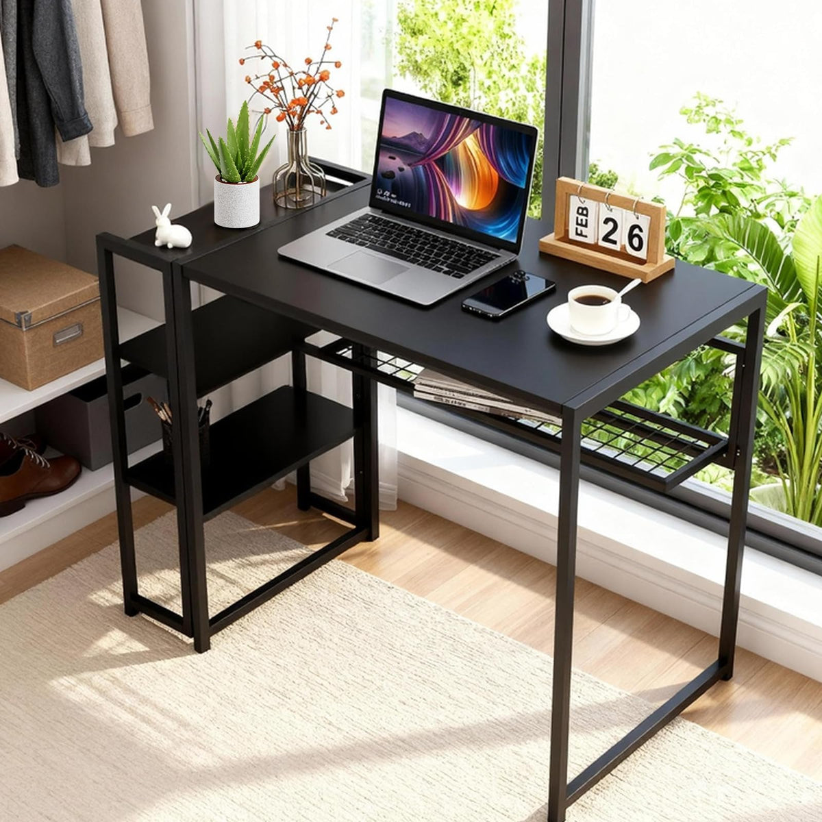GarveeLife 38.6 inch Folding Desk Writing Computer Desk with Storage Shelf,Spaces Saving Writing Sturdy Table No Assembly,for for Bedroom, Home Office, Dorm, Apartment, Black