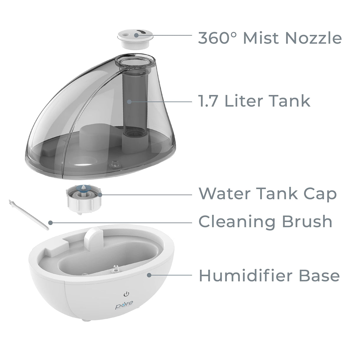 Pure Enrichment MistAire Silver Ultrasonic Cool Mist Humidifier for Bedroom, Office, Nursery & Indoor Plants - Lasts Up to 25 Hours, Whisper-Quiet Operation, Optional Night Light, & Auto Shut-Off
