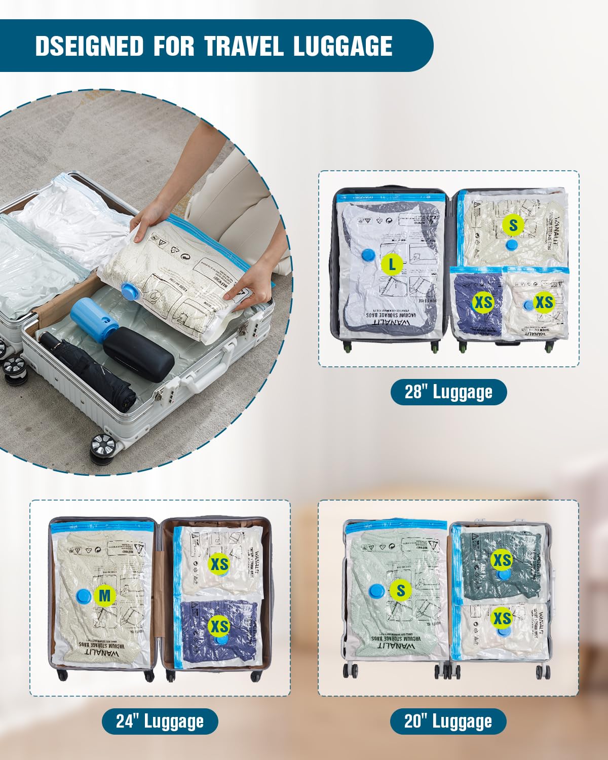 Vacuum Storage Bags for Travel, 8 Pack (4S+4XS) Vacuum Seal Bags with Wireless Rechargeable Electric Pump, Travel Essentials Space Saving Compression Bag for Clothes, Luggage, Suitcase, Backpack, Trip