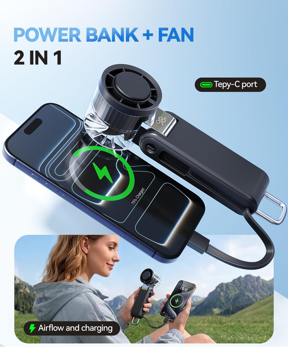MUXNW Portable Handheld Turbo Fan: 100 Speed Levels, 4000mAh Rechargeable, 3-in-1 Foldable Mini Fan, Gift for Women & Teens, Ideal for Summer Travel, Vacation, Beach