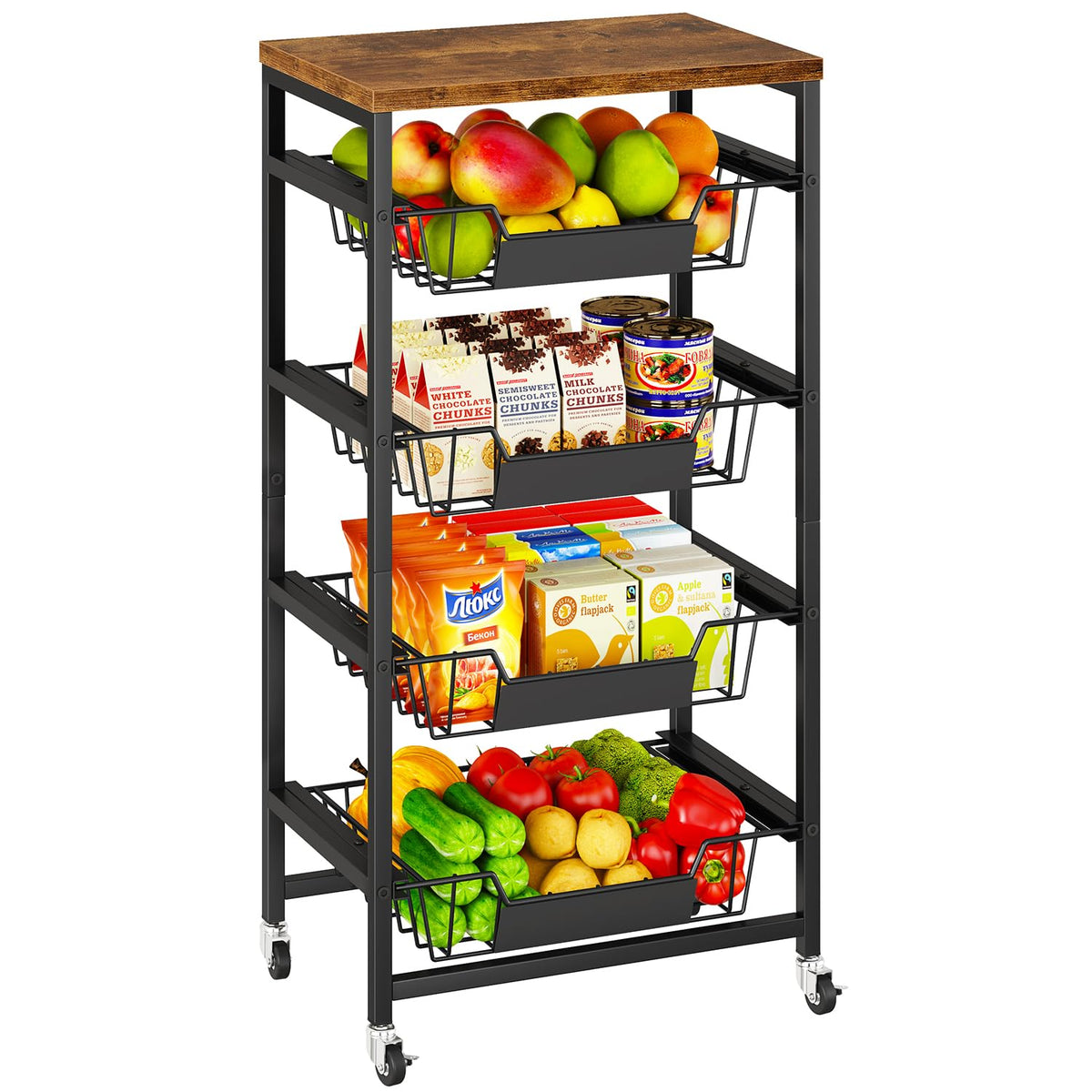 IBUYKE Kitchen Fruit Vegetable Storage Cart with Drawers,Metal Rolling Utility Cart with Fruit Basket and Wooden Top,Rolling Snack Kitchen Cart for Bedroom,Pantry,Office,Rustic Brown UTLJ026H