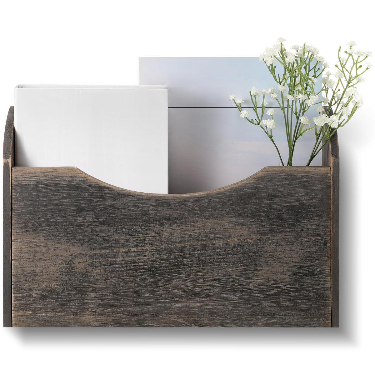 Suzile Wall Mounted File Holder Wood Magazine Holder Wall Hanging File Organizer for Office Mail Magazine Letter Paper Folder Organization (Gray)