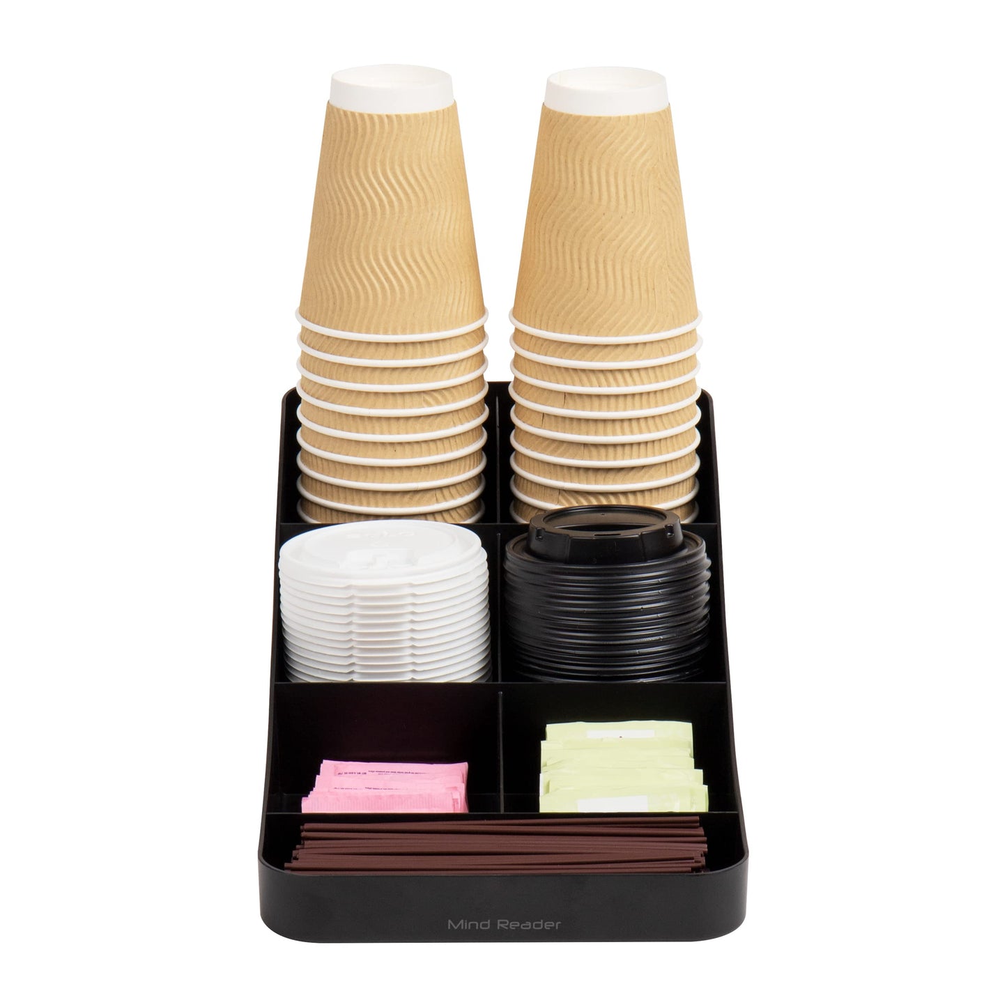 Mind Reader Cup and Condiment Station, Countertop Organizer, Coffee Bar, Kitchen, Stirrers, 7.25"L x 15.5"W x 5.25"H, Black