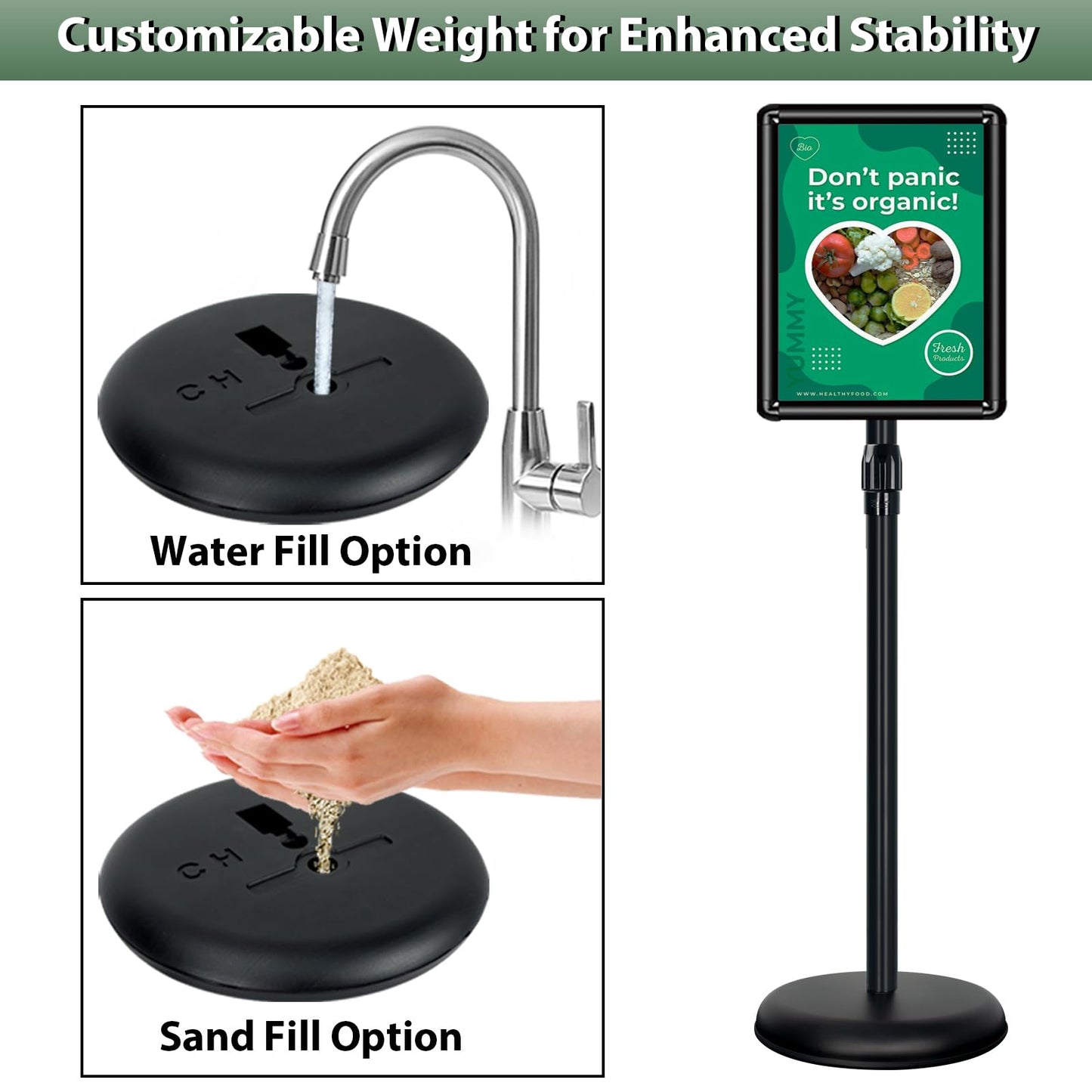 Mutualsign 11x17 inches Poster Stand Holder Adjustable Pedestal Floor Standing Sign Holder Vertical and Horizontal View Sign Display, Aluminum Snap Open Frame with Safety Corner, Black