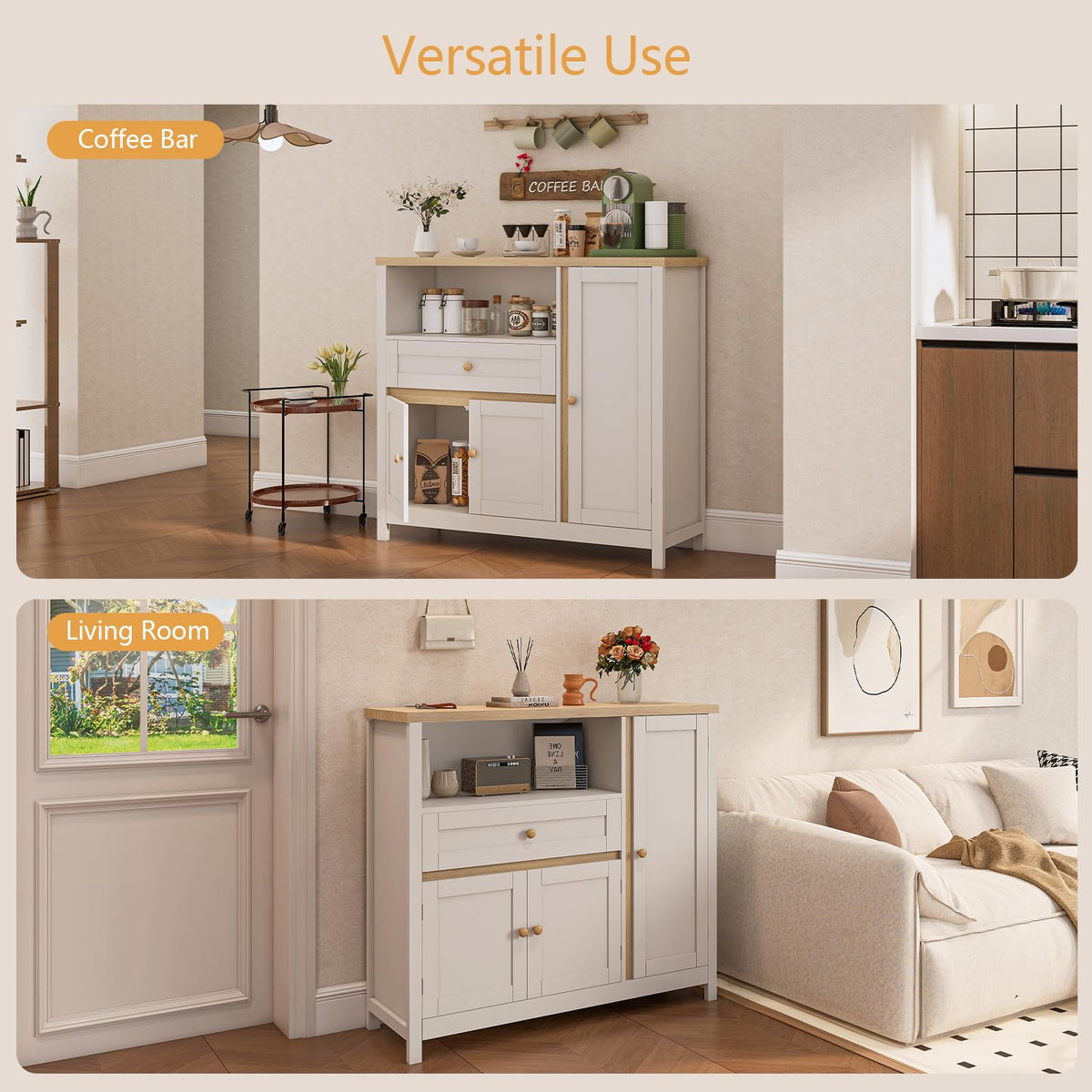 Viaozutis Storage Cabinet with Doors and Drawers,Kitchen Storage Cabinets，with Drawer and Adjustable Shelf（White）
