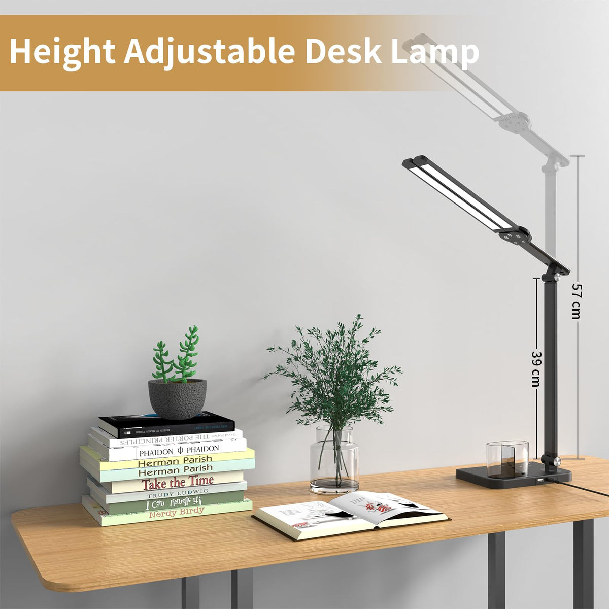 Woputne LED Desk Lamp, Dual Heads, Height Adjustable, USB Charging Port, 5 Light Modes & Dimmable Brightness, Bedside Lamp for Reading, Craft, Work, Study (Black, 15W)