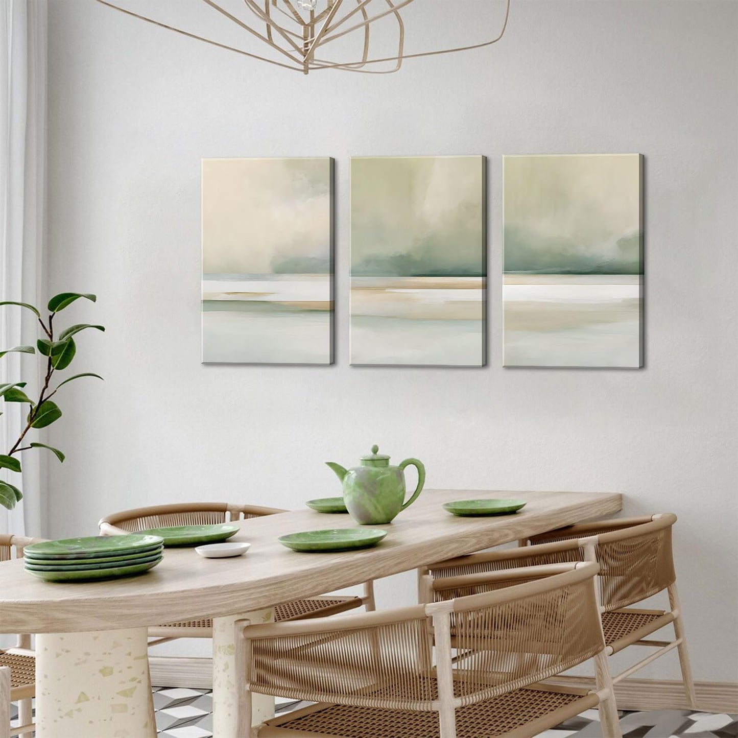 3Pcs Sage Green Canvas Wall Art Modern Neutral Abstract Wall Decor Pictures Minimalist Green Tan Posters Prints for Living Room Bedroom Home Decoration, 12x16in