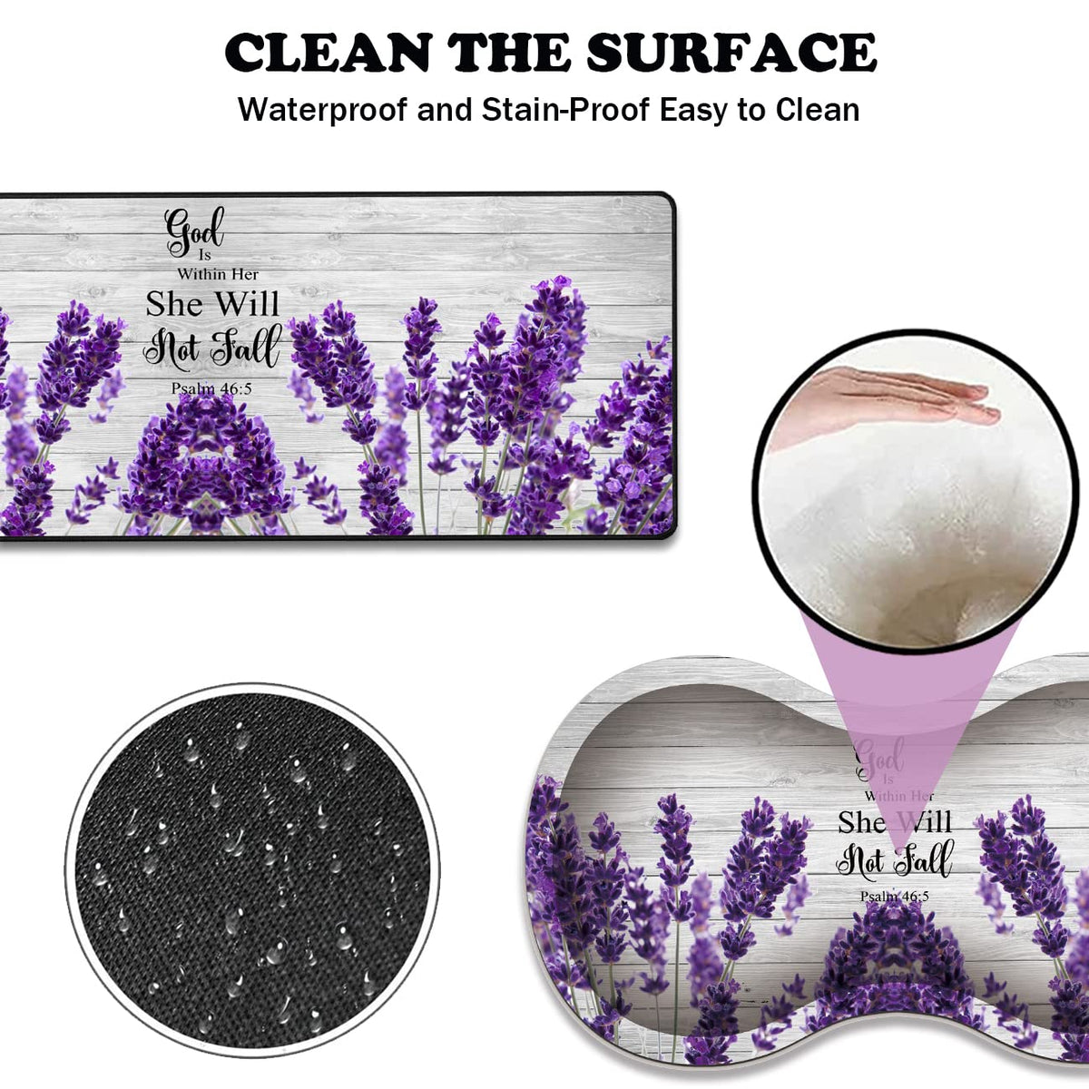 Large Gaming Mouse Pad 31.5x11.8 Inch Keyboard Pad + Ergonomic Wrist Rest Pad and Coaster with Non-Slip 3-Piece Desk Supplies Set, Bible Psalm 46:5 Lavender Design for Gamers/Office/Study