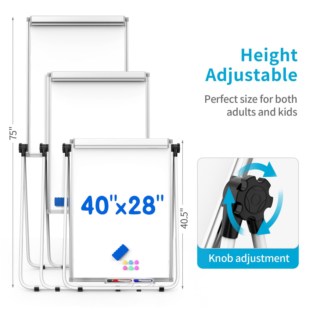 U Stand Double Sided Magnetic Dry Erase Board with Easel Stand, 40"x28" Whiteboard with Flipchart Paper Pad (25 Sheets)- Height Adjustable Standing Whiteboard for Office, Homeschooling & Studio, White