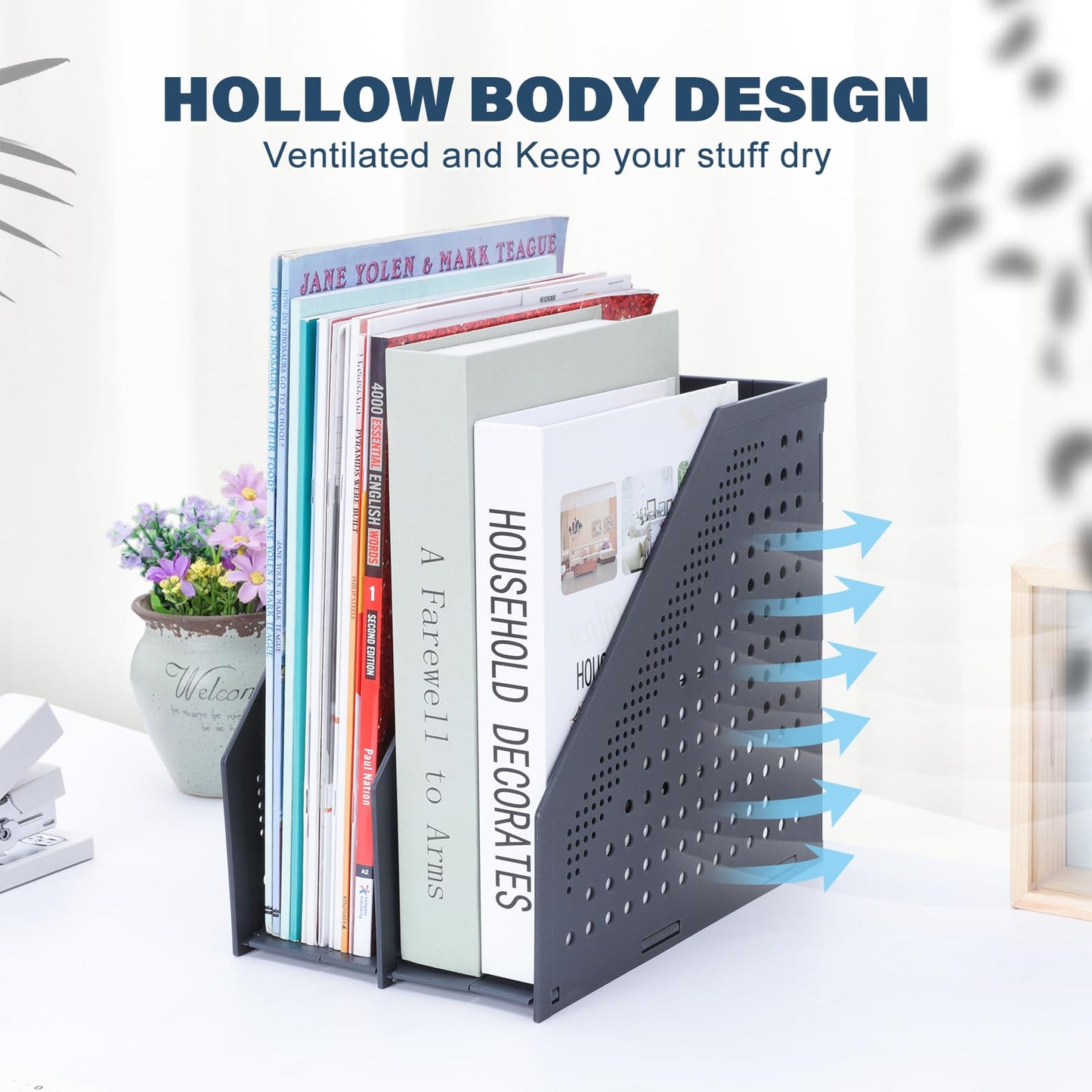 FRETONBA Collapsible Magazine File Holder with 2 Vertical Compartments Foldable Binder Holder for Desk Binder Storage Organizer Plastic Magazine Holders for Shelf, Dark Gray