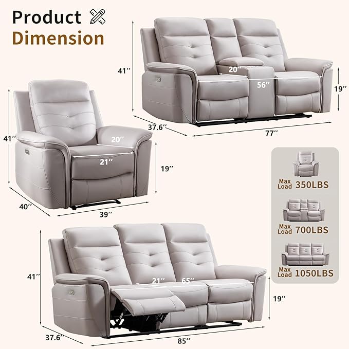 ANJ Power Oversized Reclining Sofa Couch, Breathable Faux Leather 3-Seater
