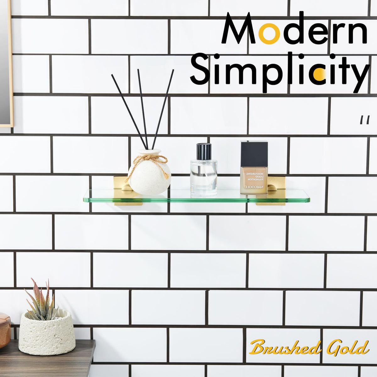 KOKOSIRI Floating Wall Shelf 16-Inch Bathroom Tempered Glass Shelves Shower Hanging Rack for Kitchen Storage Home Decor, Gold Stainless Steel B1107BG-L16