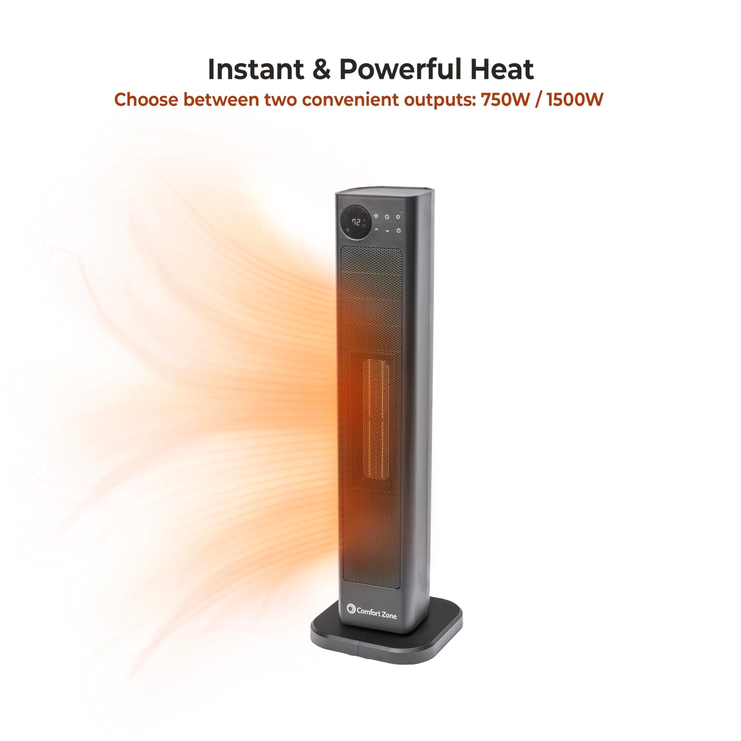 Comfort Zone 30-Inch Oscillating Tower Space Heater with Remote Control – 1500W High Velocity Ceramic Heater, Digital LCD Thermostat, 12-Hour Timer, ECO Mode, Safety Tip-Over & Overheat Protection