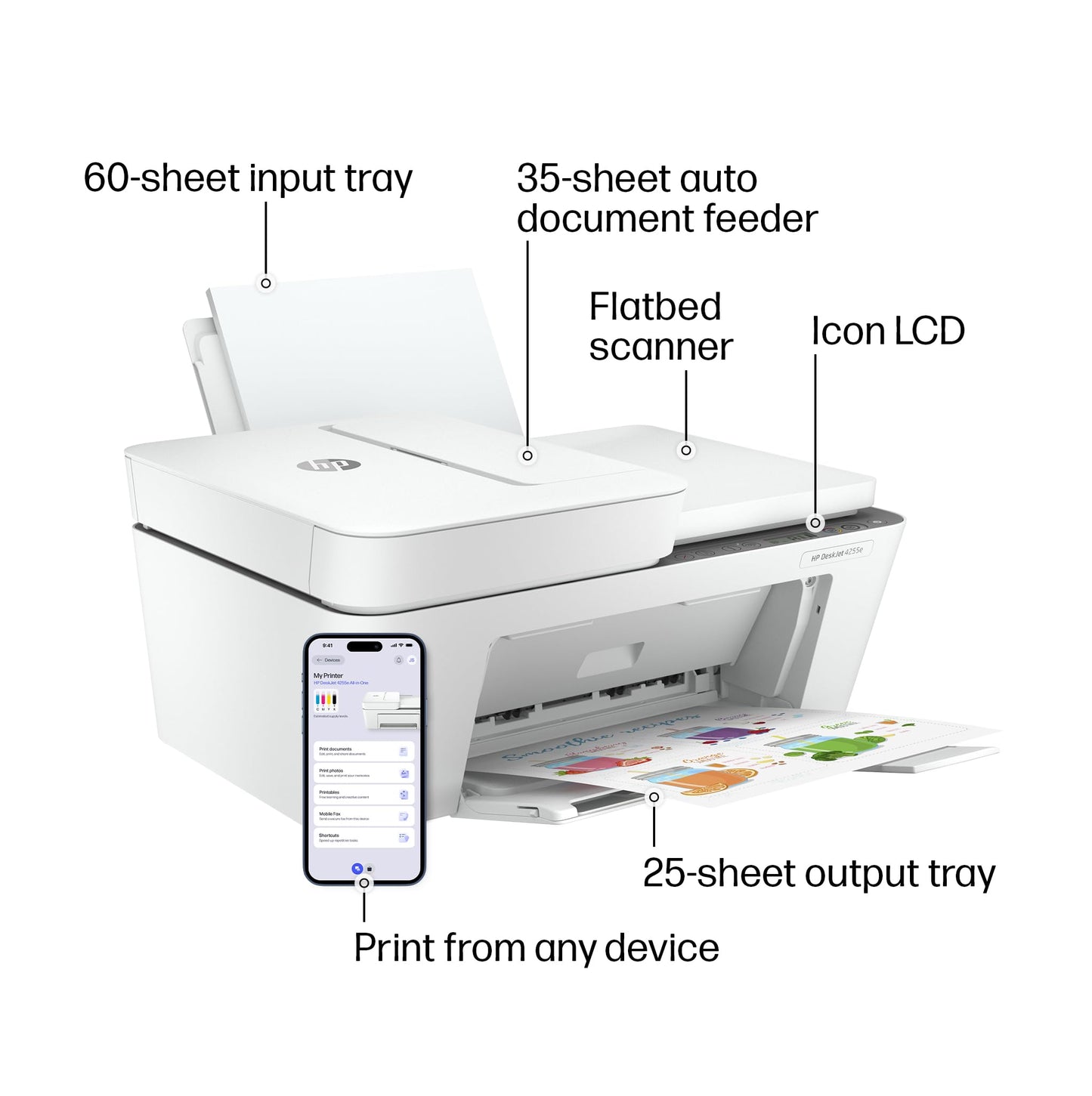 HP DeskJet 4255e Wireless All-in-One Color Inkjet Printer, Scanner, Copier, Best-for-home, 3 month Instant Ink trial included. This printer is only 2.4 ghz capable. AI-enabled (588S6A)