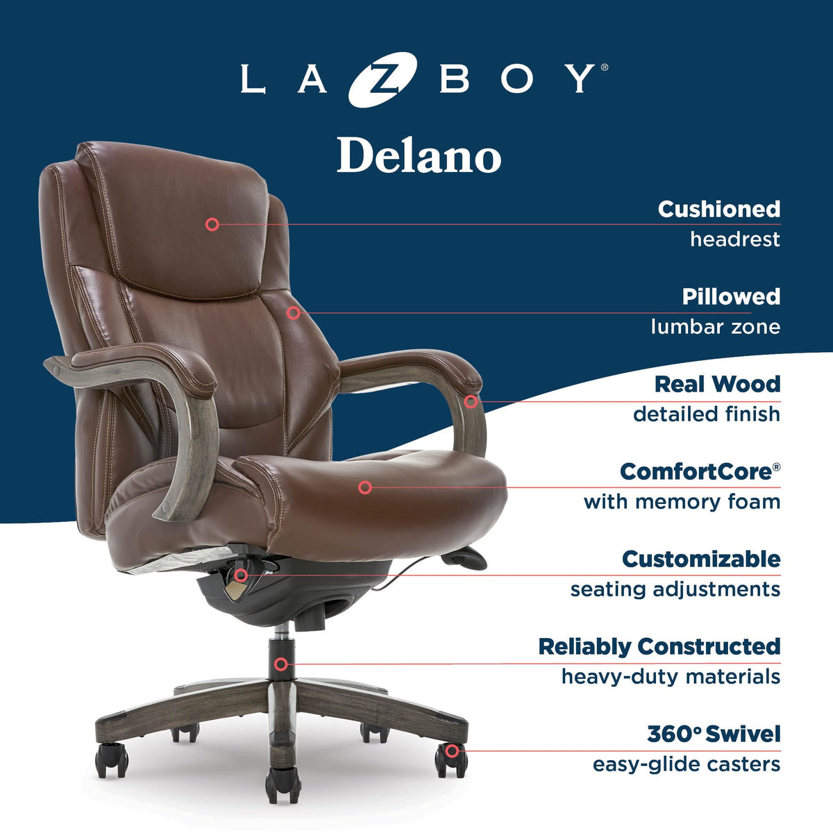 La-Z-Boy Delano Big and Tall Executive Office Chair - Ergonomic Lumbar Support Memory Foam - Bonded Leather Desk Chair for Home Office - Weathered Gray Wood Arms - Brown