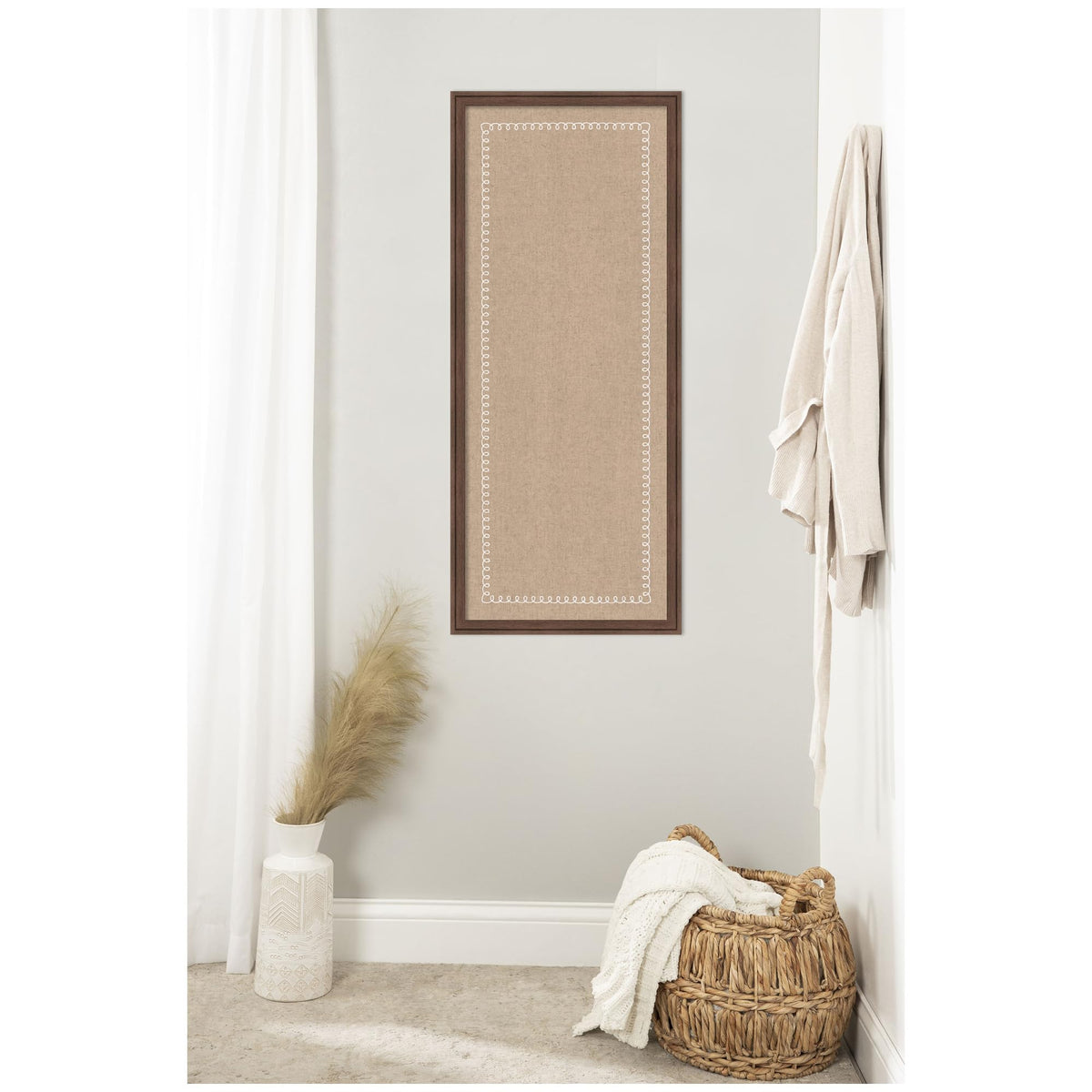 Kate and Laurel Framed Fabric Pinboard 18 x 42, White Scalloped Edge Printed Linen Classic Bulletin Board for Use as a Vision Board or Wall Organization, Florence Medium Brown Frame