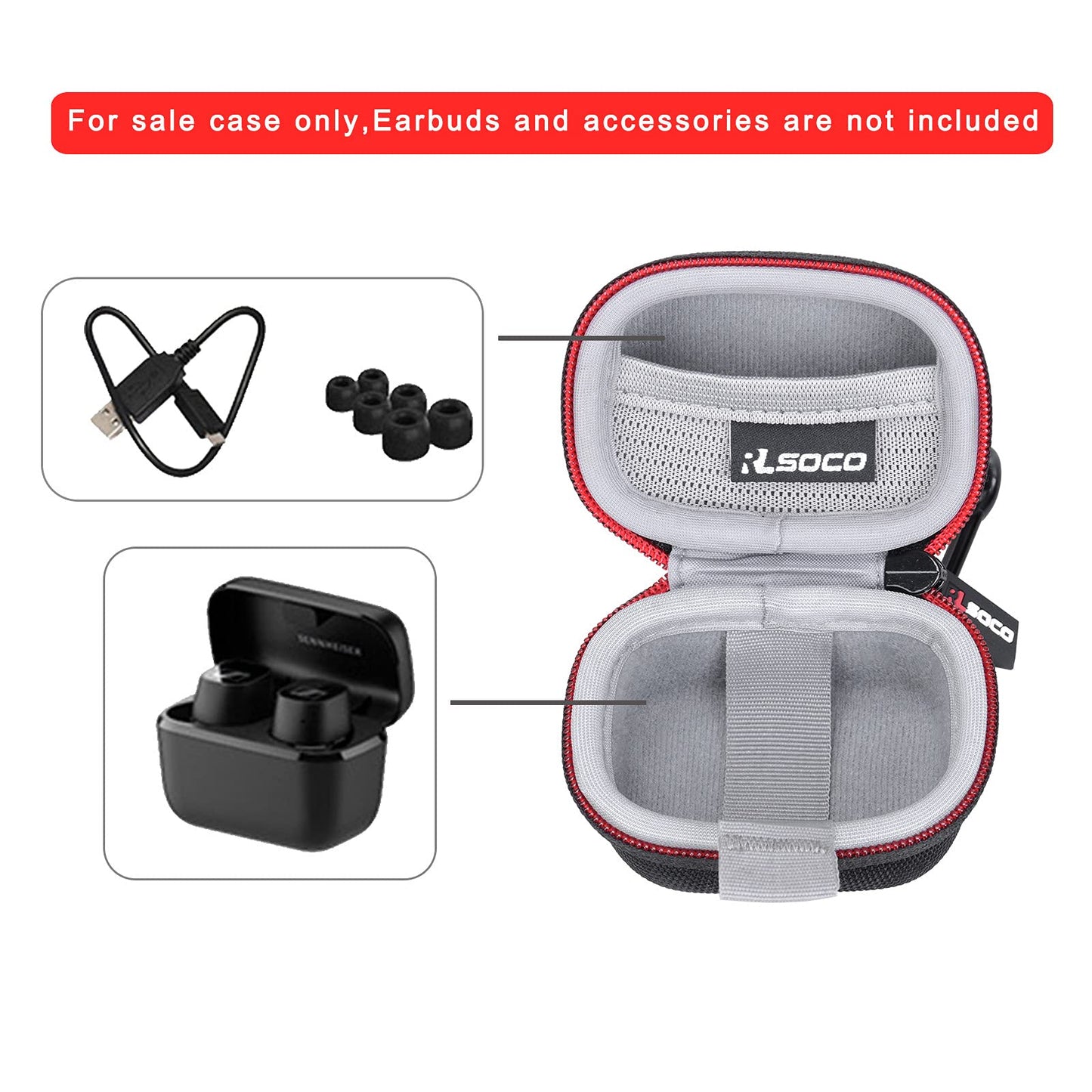 RLSOCO Hard Case for Sennheiser Consumer Audio CX Plus/CX/CX 400BT / CX 500BT True Wireless Earbuds | Shockproof, Dustproof, Water-Resistant Storage Pouch, with Sturdy Metal Hook (Case Only)