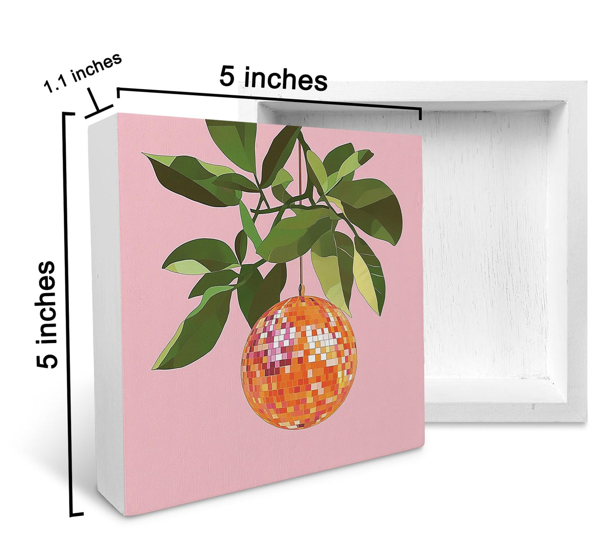 Ku-Dayi Preppy Orange Disco Ball Wooden Box Sign, Funky Disco Ball Wood Box Decorations for Girls Room Home Office, Pink Fruit Mirror Balls Wooden Block Plaque Desk Shelf Decor 5x5 Inch