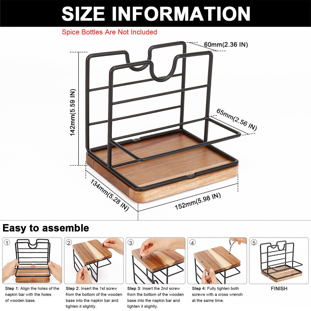 Livabber Napkin Holder, Metal Napkin Storage with Salt and Pepper Shakers Caddy Modern Napkin Dispenser for Table Kitchen Countertop, Not Including Salt and Pepper Shakers (Middle Wooden, Black)