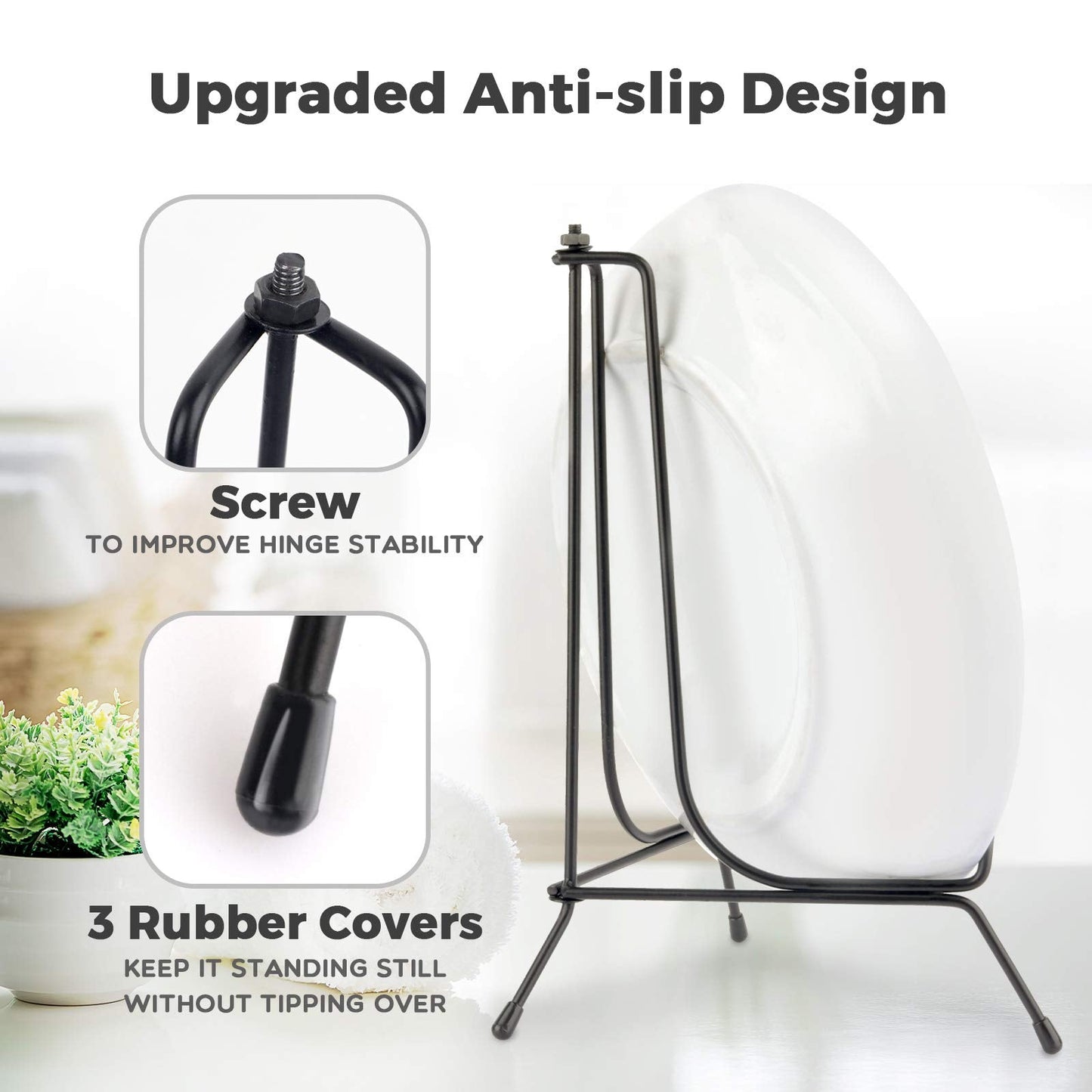 Mocoosy 4 Pack 8 Inch Improved Anti-Slip Plate Stands for Display, Plate Holder Display Stand, Picture Frame Holder Stand, Black Iron Easel Stands for Photo, Decorative Plate, Tablets and Table Art