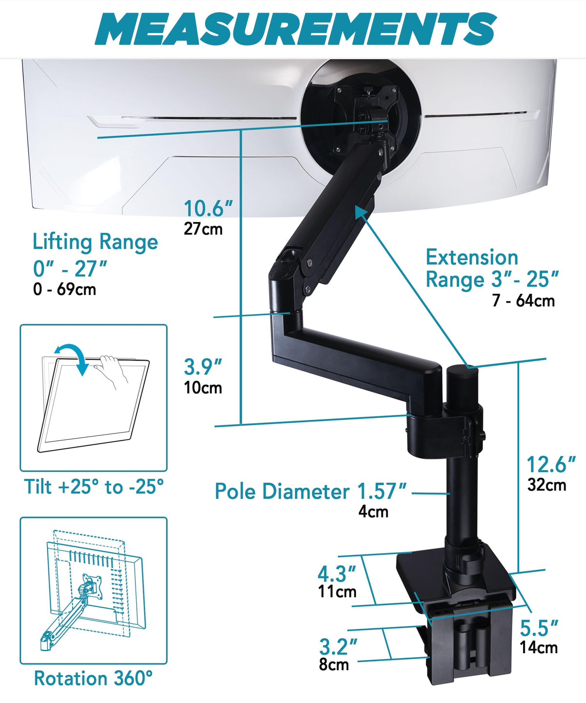 ULTRARM Heavy Duty Monitor Arm for Ultrawide Monitors up to 57" and 44 lbs, Single Desk Stand, Pneumatic Height Adjustable, Modular Extension Arms - Max VESA 100x100, Black, MA20P-S