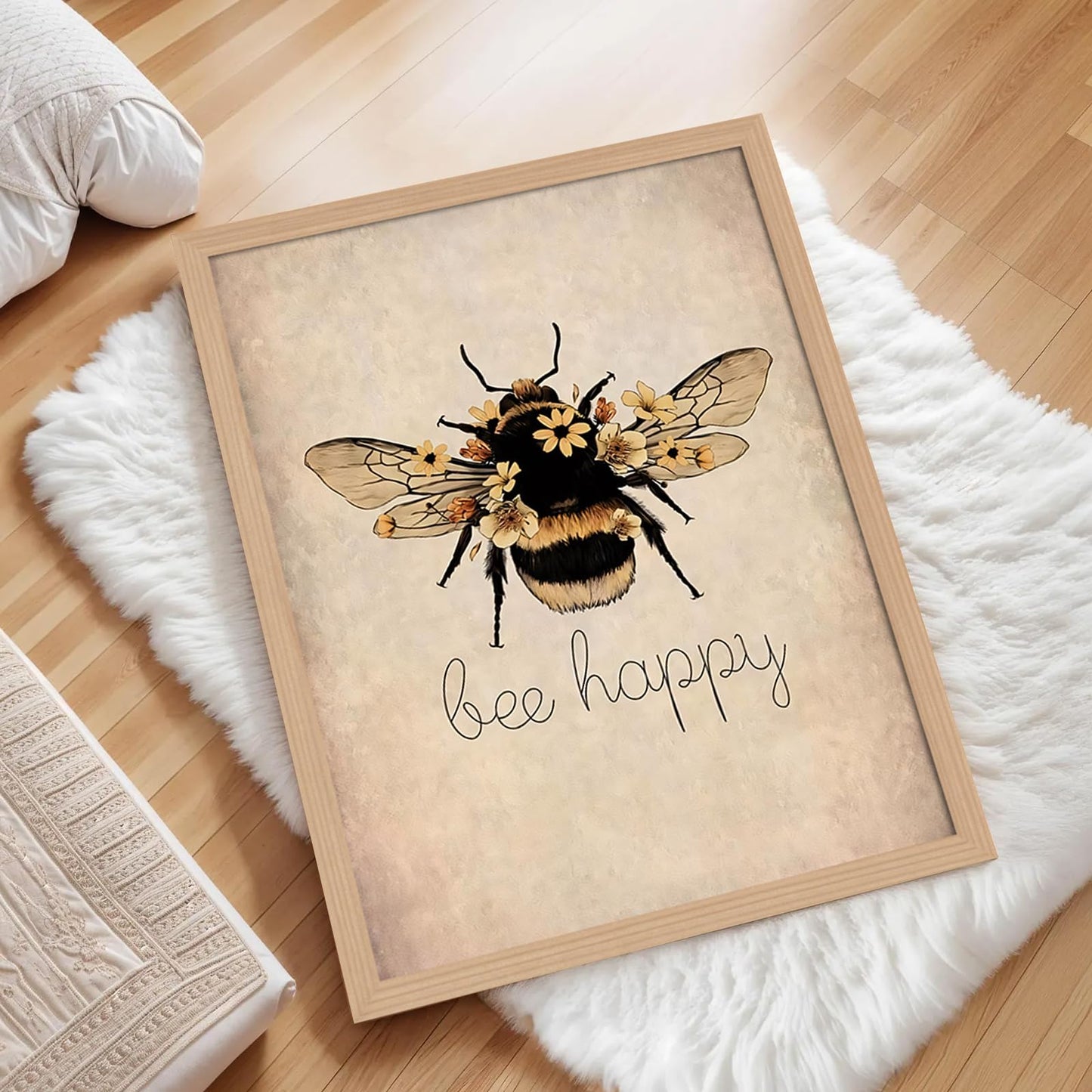 CVXHKH 2Pcs Bee Happy Framed Bumblebee and Flower Canvas Wall Art, Bee Lover Gift Rustic Nature Artwork Inspirational Botanical Picture, Cute Insect Artwork for Living Room, Bedroom, Office 12x16in