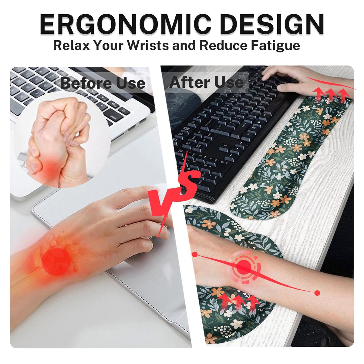 Britimes Green Florals Keyboard Mouse Pad Set Vintage Flower 4in1 Large Mousepad+Keyboard Wrist Rest+Mouse Wrist Rest+Coaster Ergonomic Design for Home Office Computer 35.4x15.7 inches