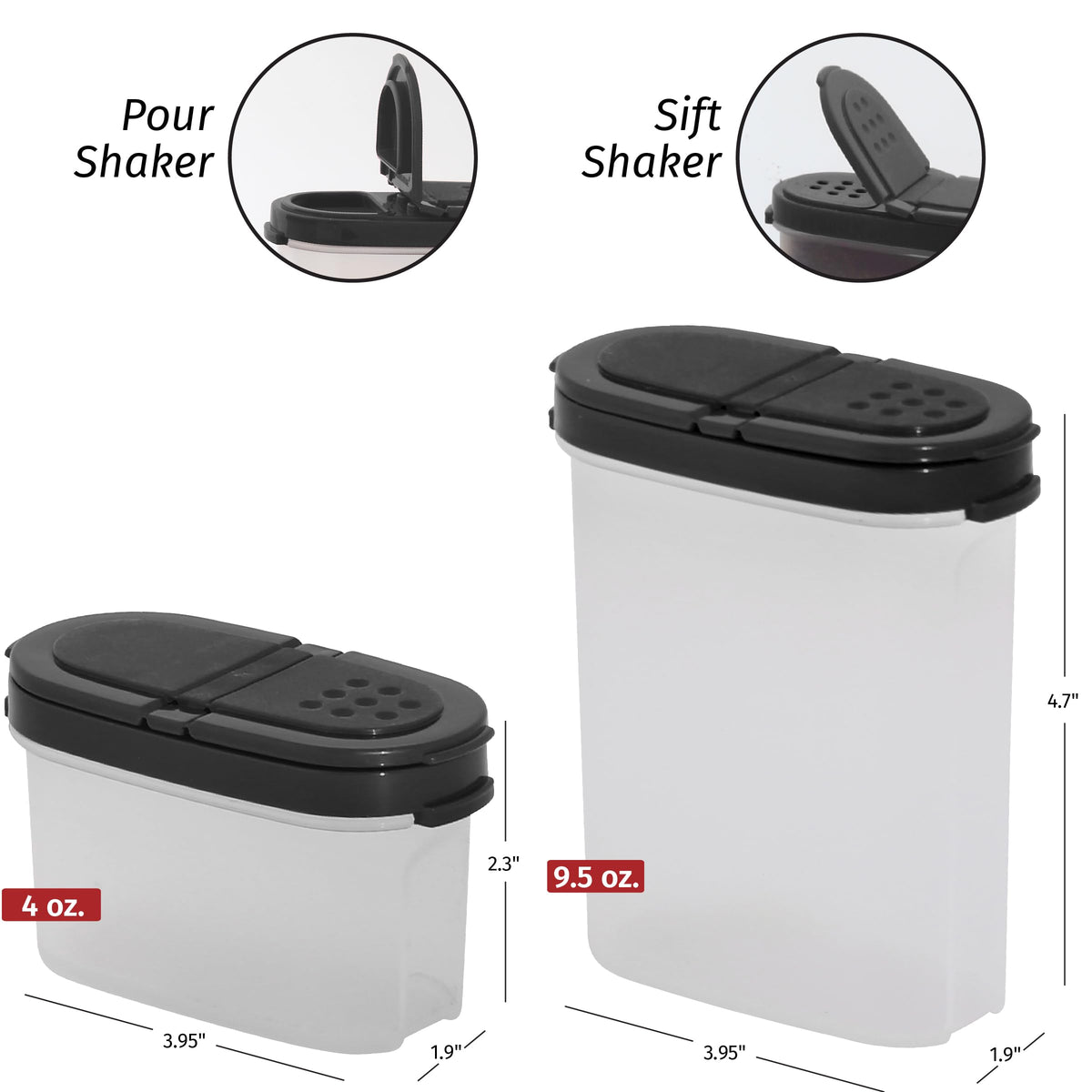 SIGNORA WARE Plastic Spice Containers – Spice Jar Set 8 Pack, 4 Mini, 4 Large – Spice Jars to Store Spices, Herbs, Marinade, Sugar, Salt, Pepper – Refillable Airtight Small Spice Jars with 2 Way Lids