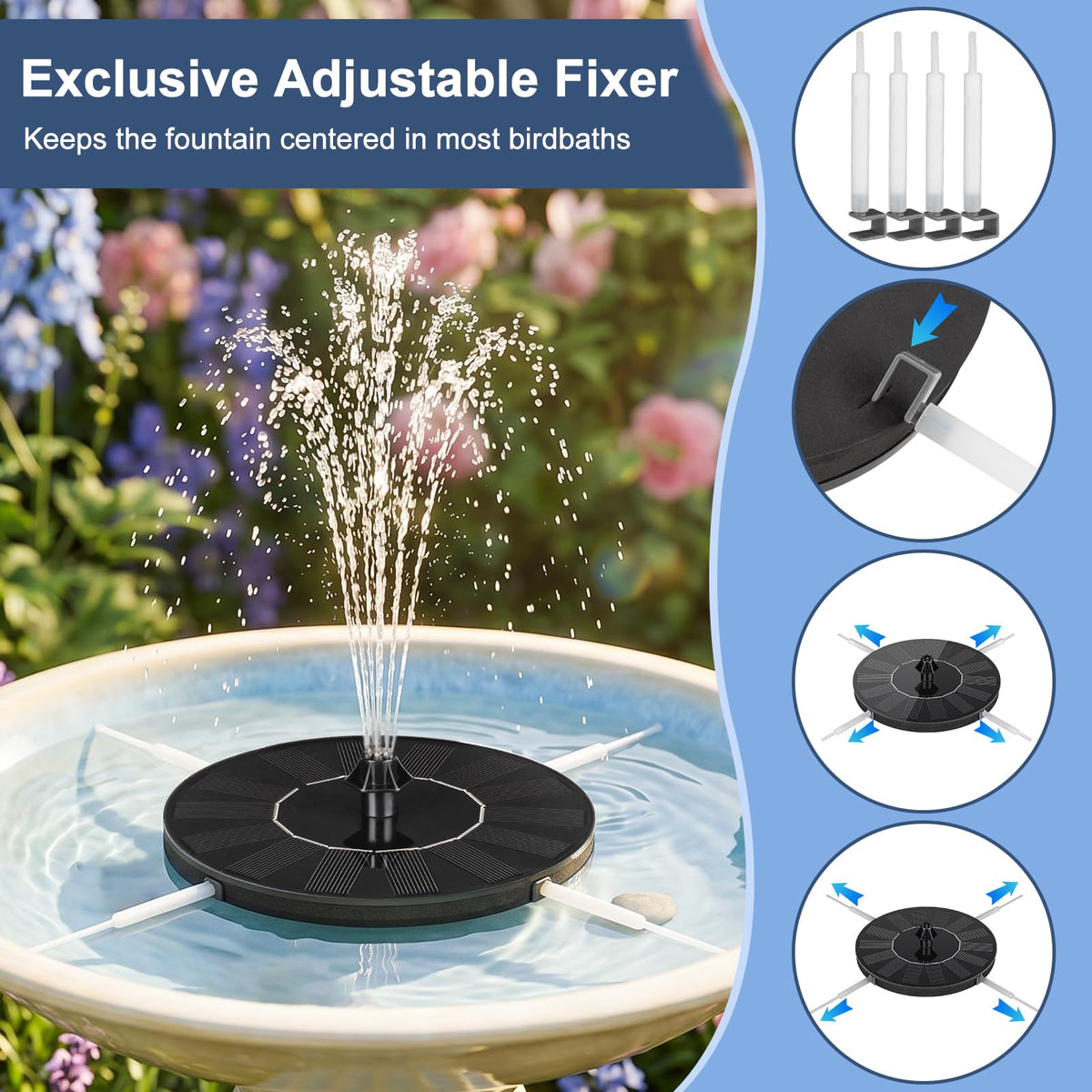 Mademax Solar Bird Bath Fountains, Upgrade 1.4W Solar Fountain Pump with 8 Nozzles & 4 Brackets, Free Standing Floating Solar Powered Water Fountain Pump for Bird Bath, Garden, Pond, Pool, Outdoor
