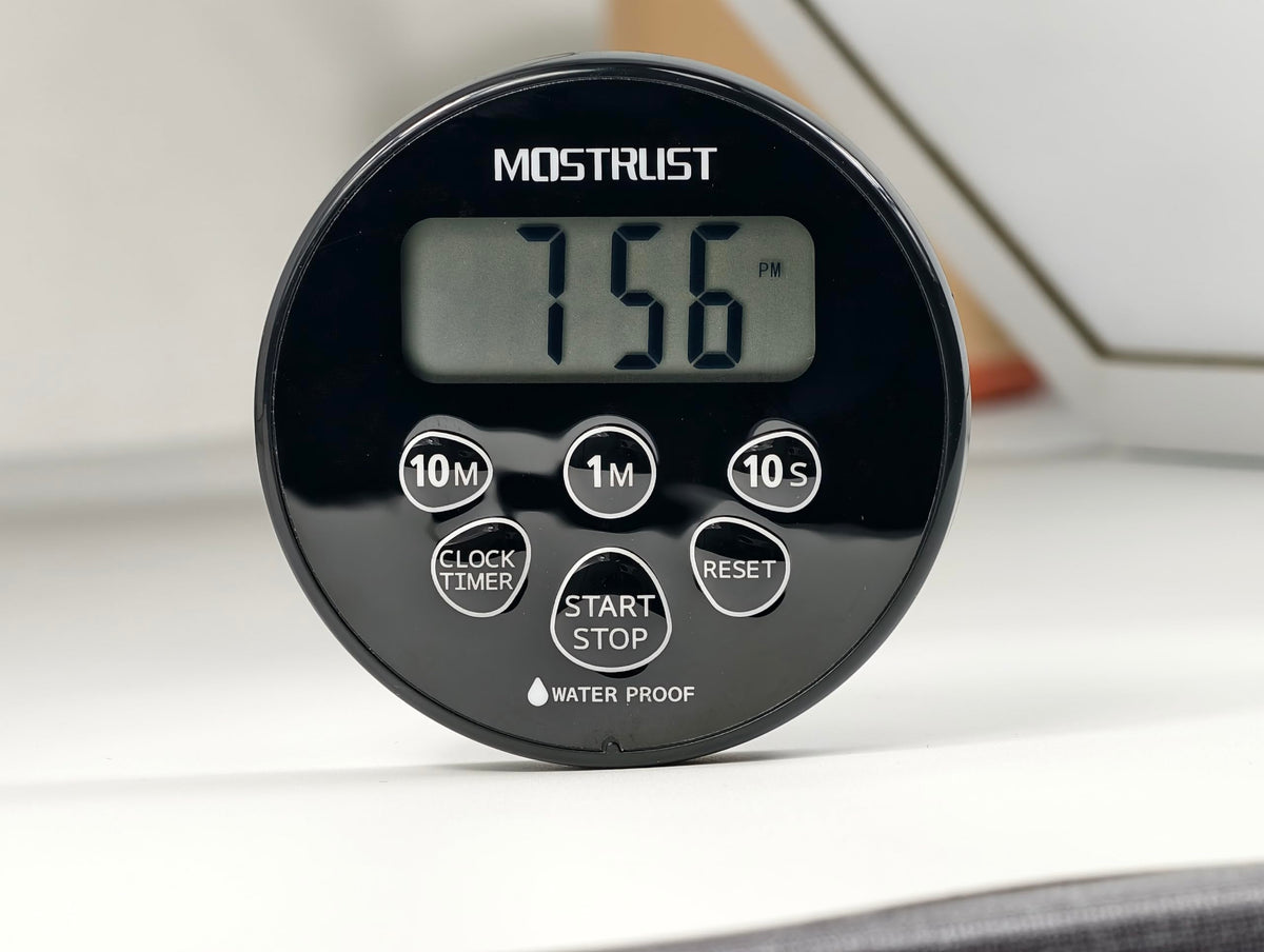 MOSTRUST Digital Waterproof Shower Clock Timer, Bathroom Kitchen Countdown Cooking Timer with Alarm, Magnetic Back, Stand Dark Black