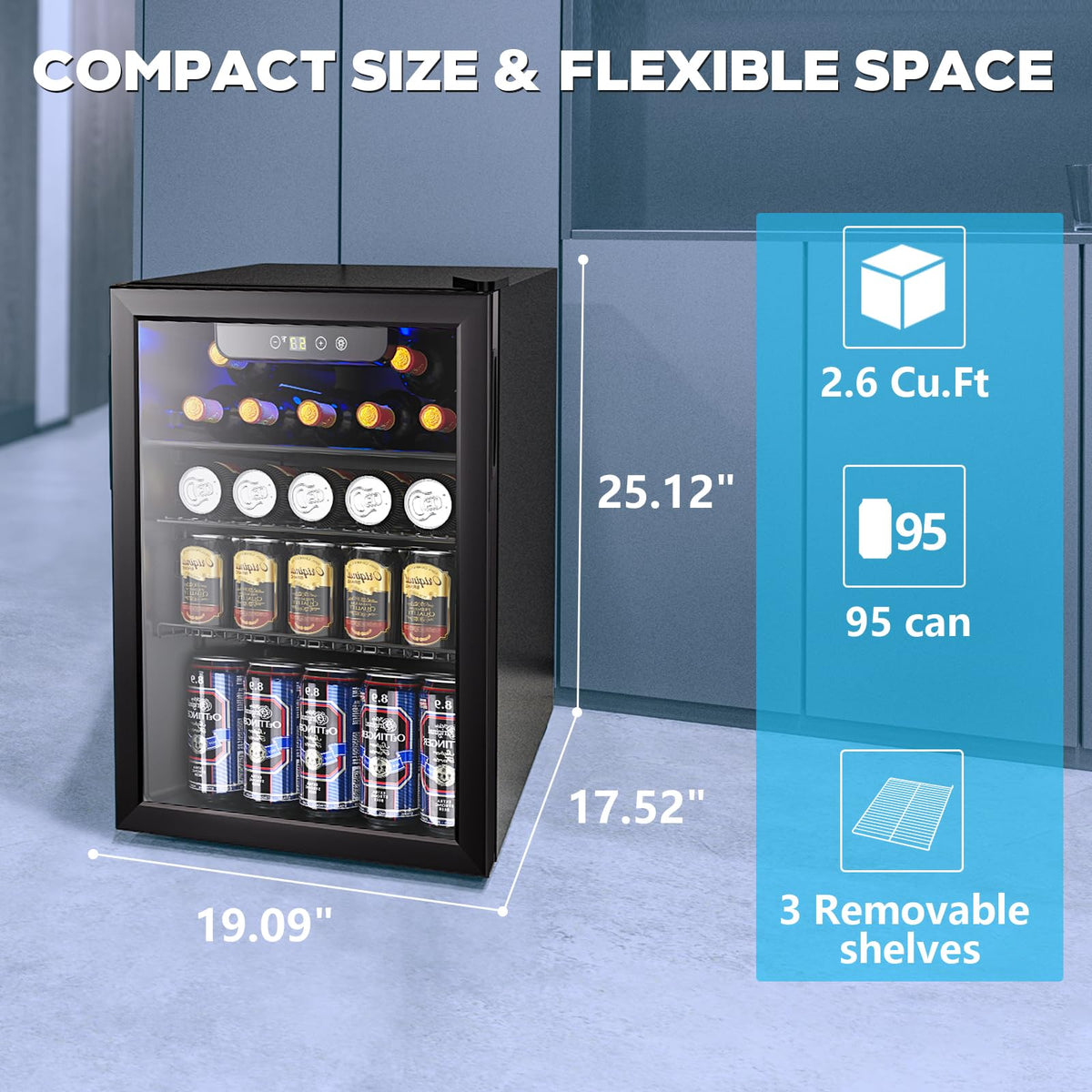 Electactic 2.6 Cu.ft Beverage Refrigerator Cooler, 95 Can Mini Fridge Glass Door with Adjustable Shelves, Digital Temperature Display, Freestanding Small Drink Fridge for Home, Office or Bar(Black)
