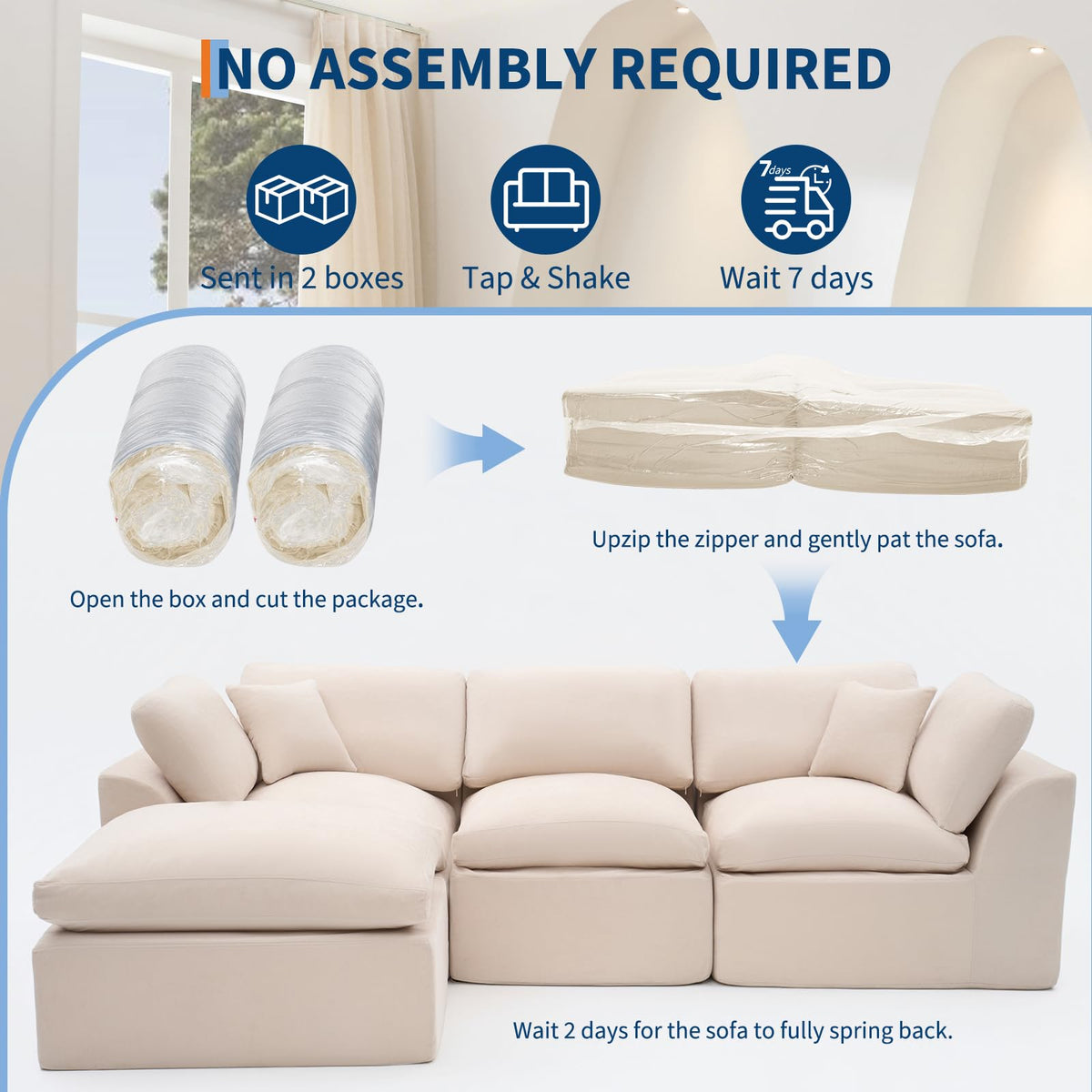 Garvee Modular Sectional Sofa, 110'' Sponge Compression Sofas with Deep Seat, Sectional Couches for Living Room and Bedroom, No Assembly Required, White