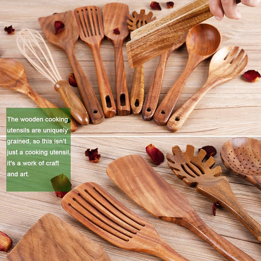 10 Pack Wooden Utensils for Cooking, Wood Utensil Set for Kitchen, Teak Wooden Spoon for Cooking, Non-Stick Spatula Ladle
