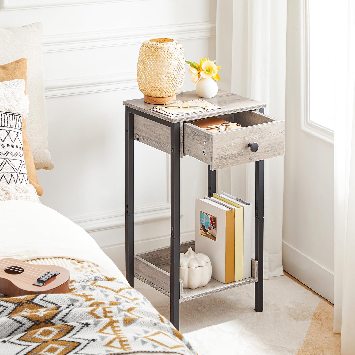 HOOBRO Tall End Table, Nightstand, Industrial Side Table with Drawer and Storage Shelf, for Study, Bedroom, Space Saving, Greige and Black BG71BZ01