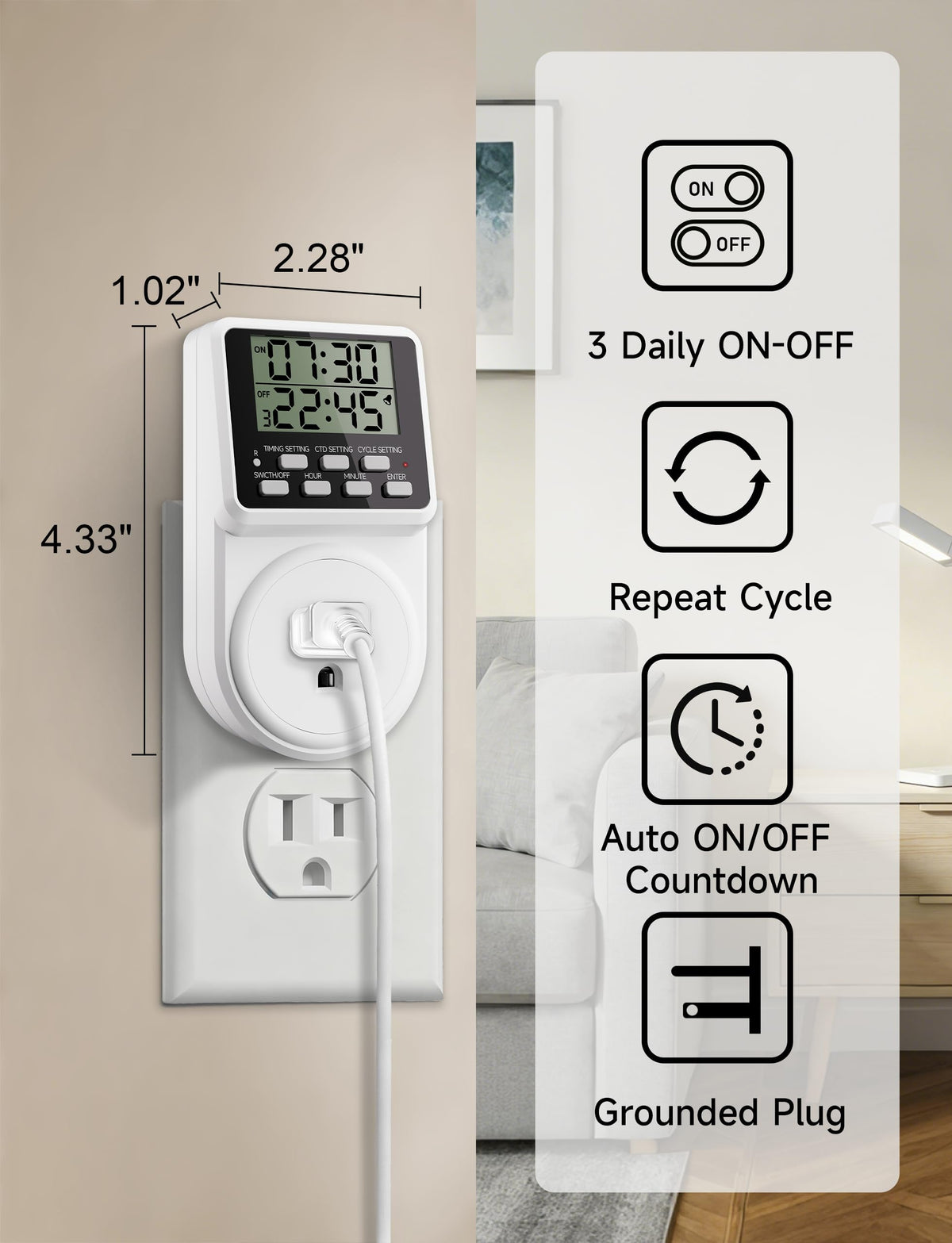 Techbee Digital Infinite Repeat Cycle Intermittent Timer Plug for Electrical Outlet, 24 Hour Programmable Indoor Timed Power Switch with Countdown Delay On and Off (120V, 15A), 1 pack