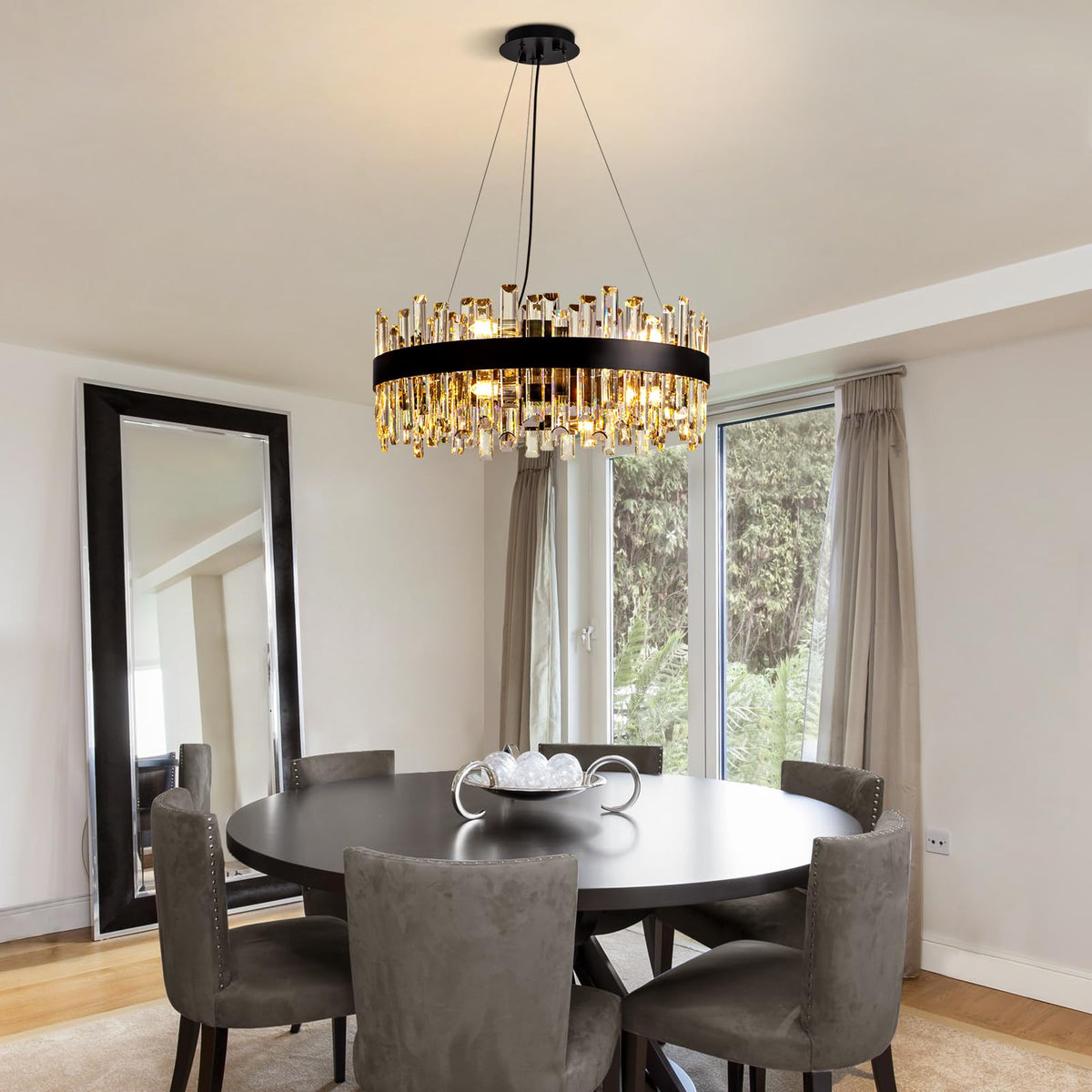 Siljoy 23.6'' Modern Crystal Chandelier, Luxury 2-Tiers Raindrop K9 Crystal Adjustable Flush Mount Hanging Ceiling Light for Dining Living Room Kitchen Entryway Foyer, E12 x 12, Matte Black