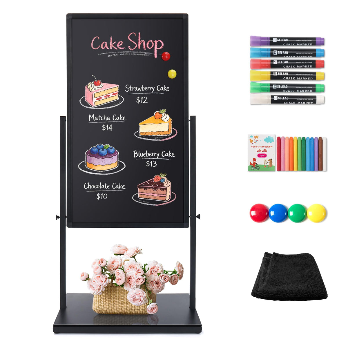SELEAD 20”x45” Magnetic Aluminum Frame Chalkboard with Metal Floor Stand - 360° Reversible Double-Sided Chalk Board Heavy-Duty Indoor Outdoor Sign Board for Menu, Business, Cafe, Home Office