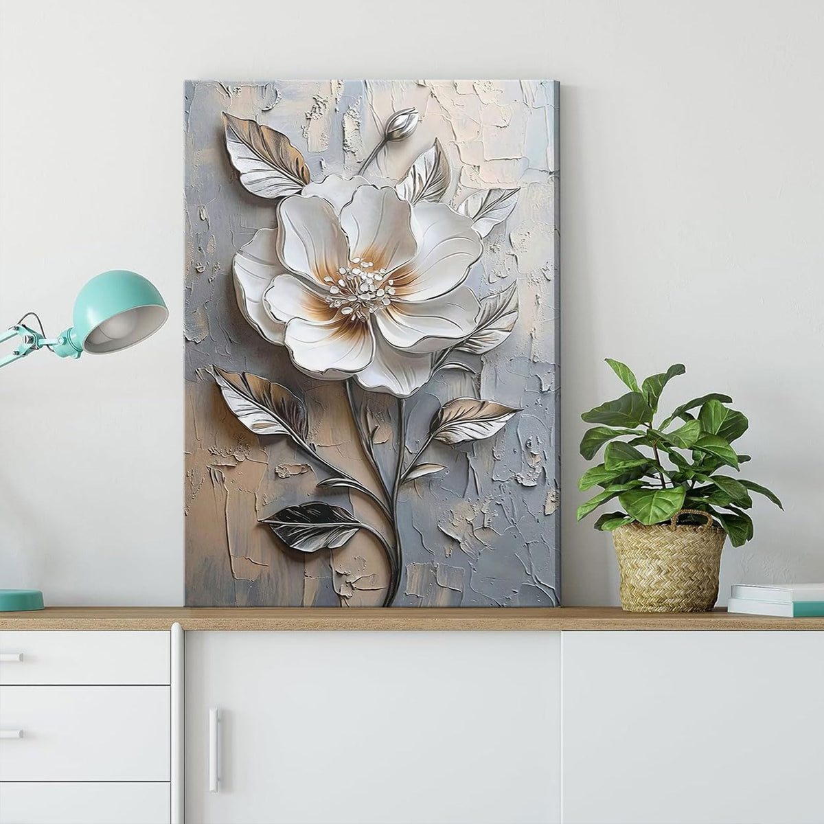 Elegant White Flower Canvas Wall Art Modern Abstract Floral Wall Decor Picture Blooming Flower Poster Print for Office Living Room Bedroom Bathroom Home Decoration 12x16in