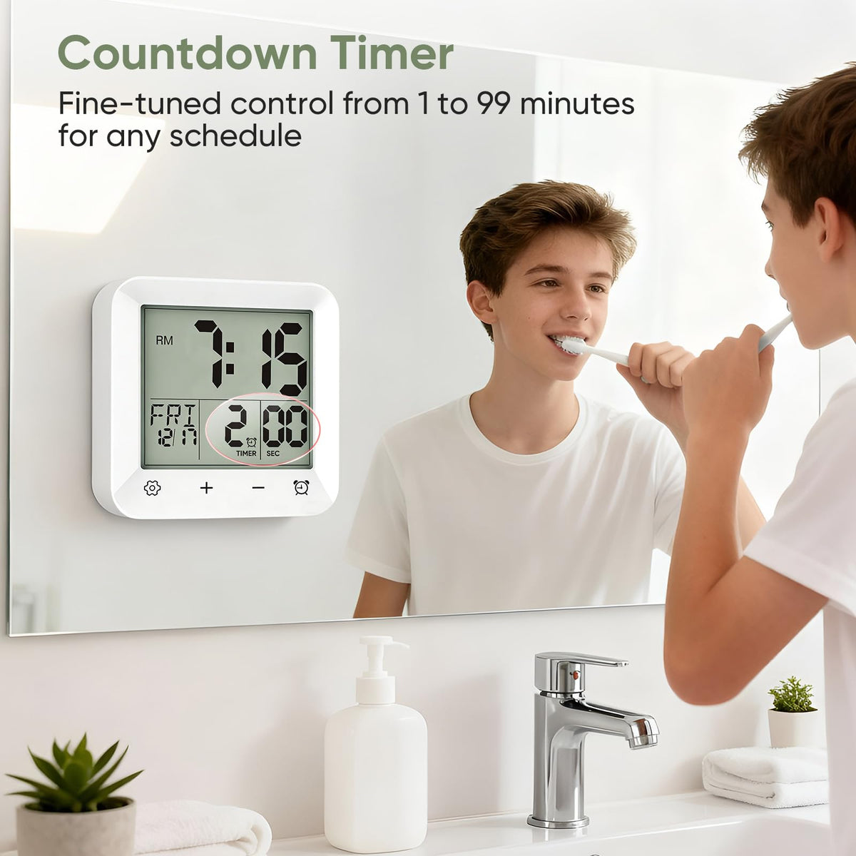 onannos Bathroom Clock Waterproof Shower Timer, Digital Wall Clock with Countdown, Touch Screen, LCD Display, Temperature, Suction Cup/Hanging Hole/Stand, Spa Sauna, Kids and Adults I White