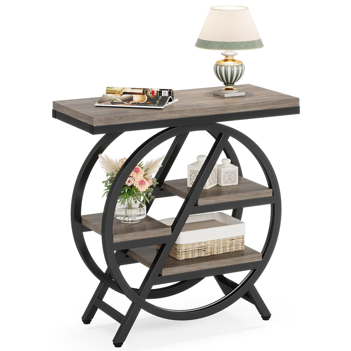 LITTLE TREE End Table, Narrow Side Table with 4-Tier Large Storage Space, Modern Bedside Table for Living Room, Home Office, Bedroom, Grey