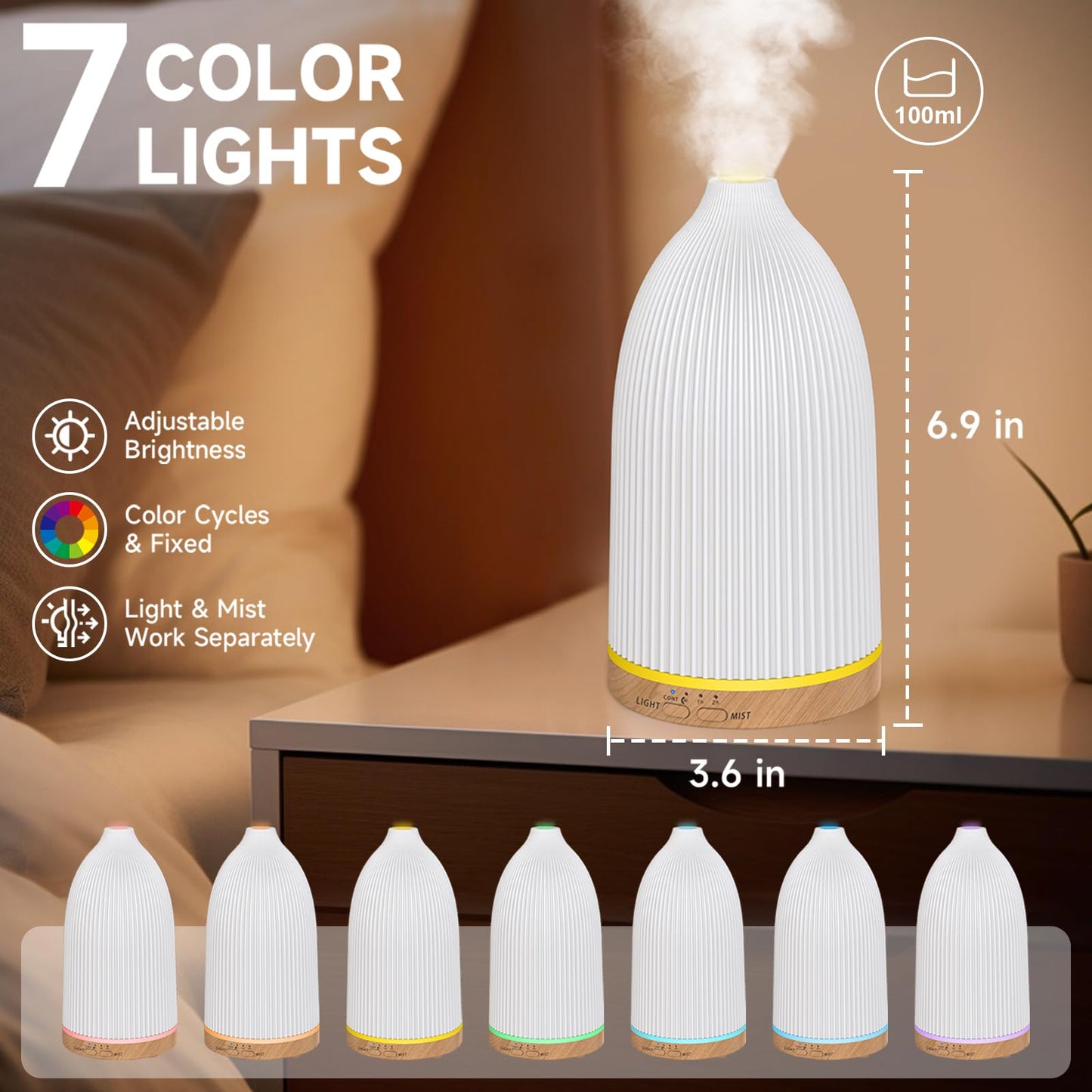 URPOWER 100ML Essential Oil Diffusers for Home, Ultrasonic Aromatherapy Diffuser with 7 Color Changing Lights, Timer & Auto Shut-Off, Scent Diffuser for Bedroom, Office, Yoga