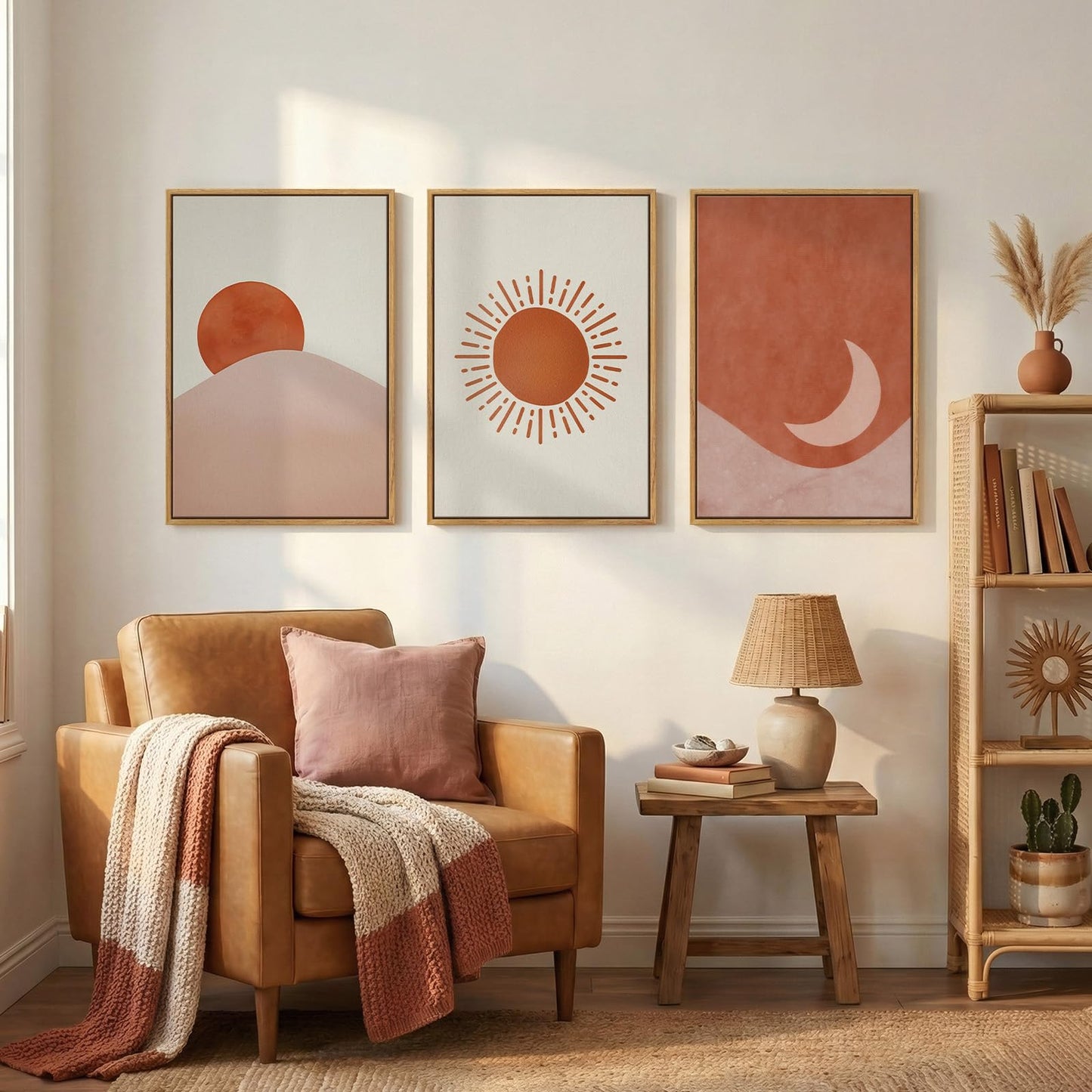 Framed Sun and Moon Boho Wall Art Bedroom, 3 Piece Abstract Minimalist Terracotta Canvas Painings Prints Artwork for Walls, Mid Century Modern Bohemian Pictures for Living Room Office Wall Decor, 16x24 Inch