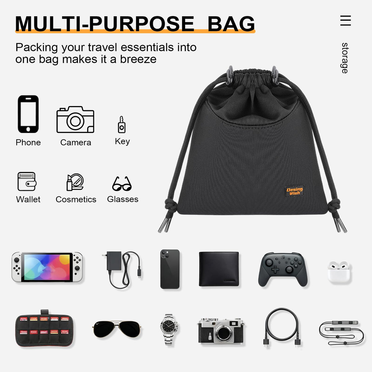 Desing Wish Lightweight Headphone Storage Bag, Portable Headset Carrying Pouch Headphone Case Bag Soft Travel Pouch for Over-Ear Headphones/Gaming Headsets/Neckband Earbuds (Large Black)