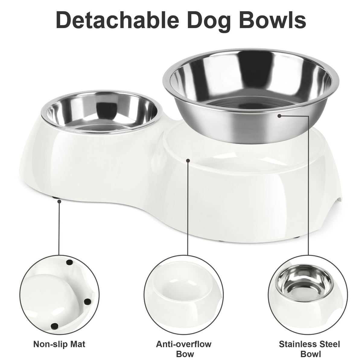 PetVillage Elevated Dog Bowls Set - Non-Slip Raised Pet Feeder with Medium (10 oz) & Large (20 oz) Stainless Steel Bowls - Includes Durable Resin Stand for Corgi Puppies and Adult Cats - White