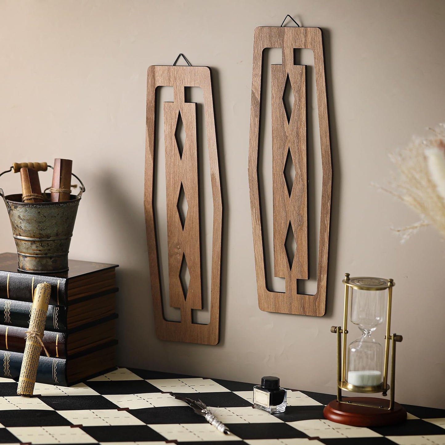 CroBlissful 2 Pcs Modern Mid Century Wall Art Wood Mid Century Elegance Decor Accents Abstract Wall Sculpture Geometric Panels for Interior Panel Art for Home Living Room(Dark Brown)