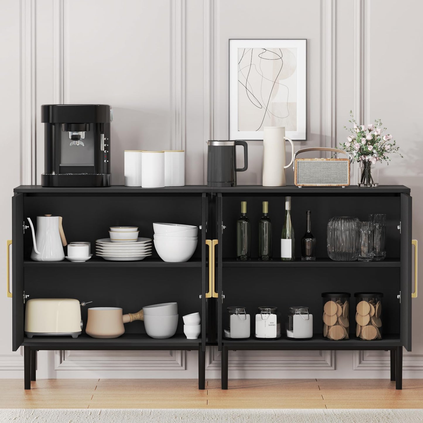 REHOOPEX Storage Cabinet with Doors, Modern Black Accent Cabinet, Free Standing Cabinet, Wooden Buffet Sideboards for Living Room, Kitchen,Home Office