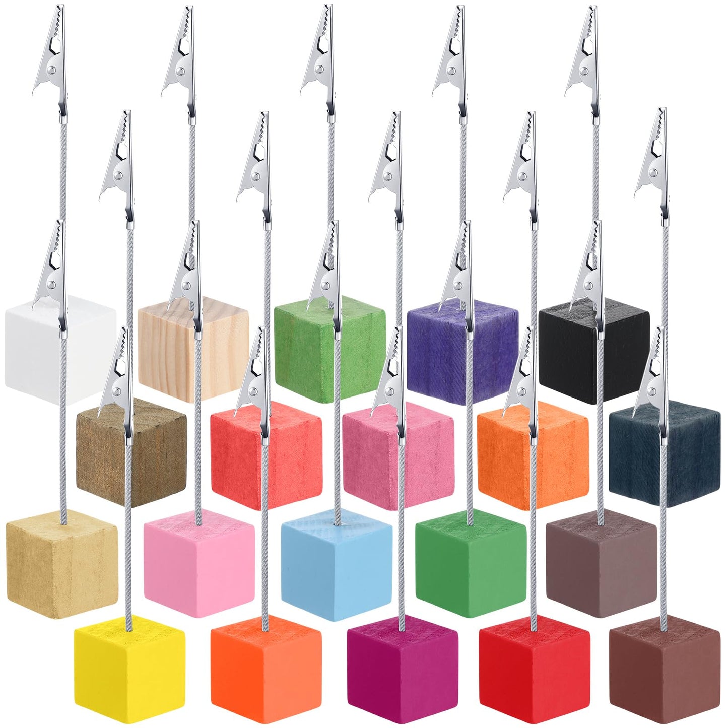 Gersoniel 20 Pcs Cube Base Memo Clip Holder with Alligator Clip Wood Table Number Holder Cube Base Place Card Stand Mini Photo Menu Stand for Displaying Number Card (Multi Color)