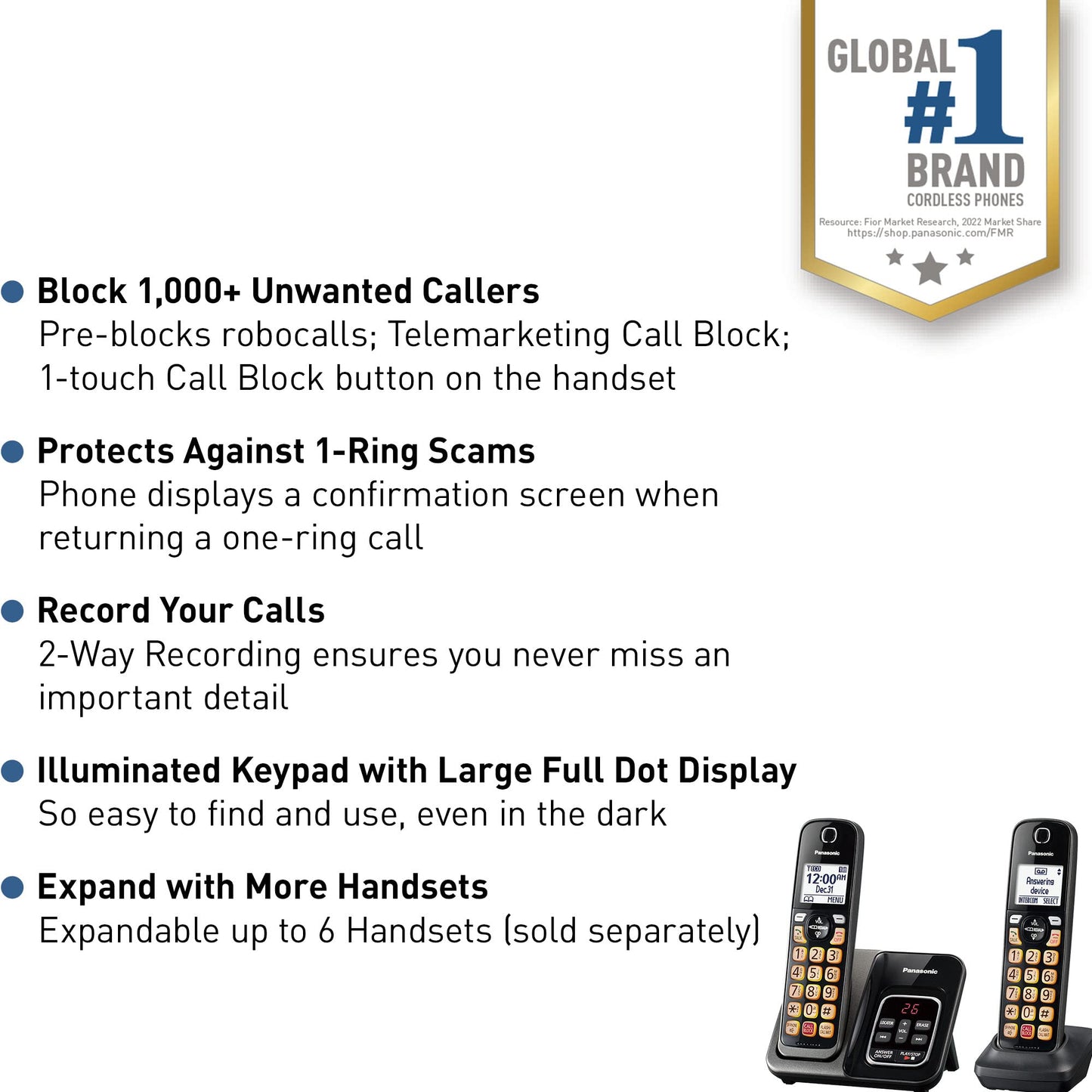 Panasonic Cordless Phone with Answering Machine, Advanced Call Block, Bilingual Caller ID and High-Contrast Display, Expandable System with 2 Handset Cordless Telephones - KX-TGD832M (Metallic Black)