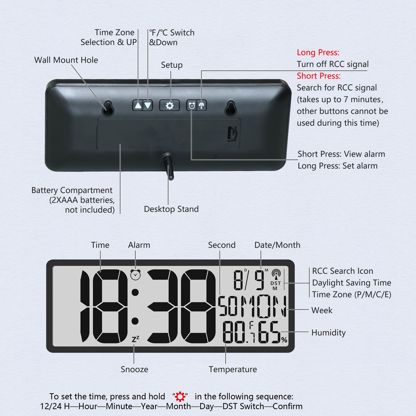 Digital LCD Atomic Desktop Clock, 7.8" Screen with Time, Date, Temperature, Humidity, Alarm, Snooze, DST, Time Zone for Home, Office (No Backlight)