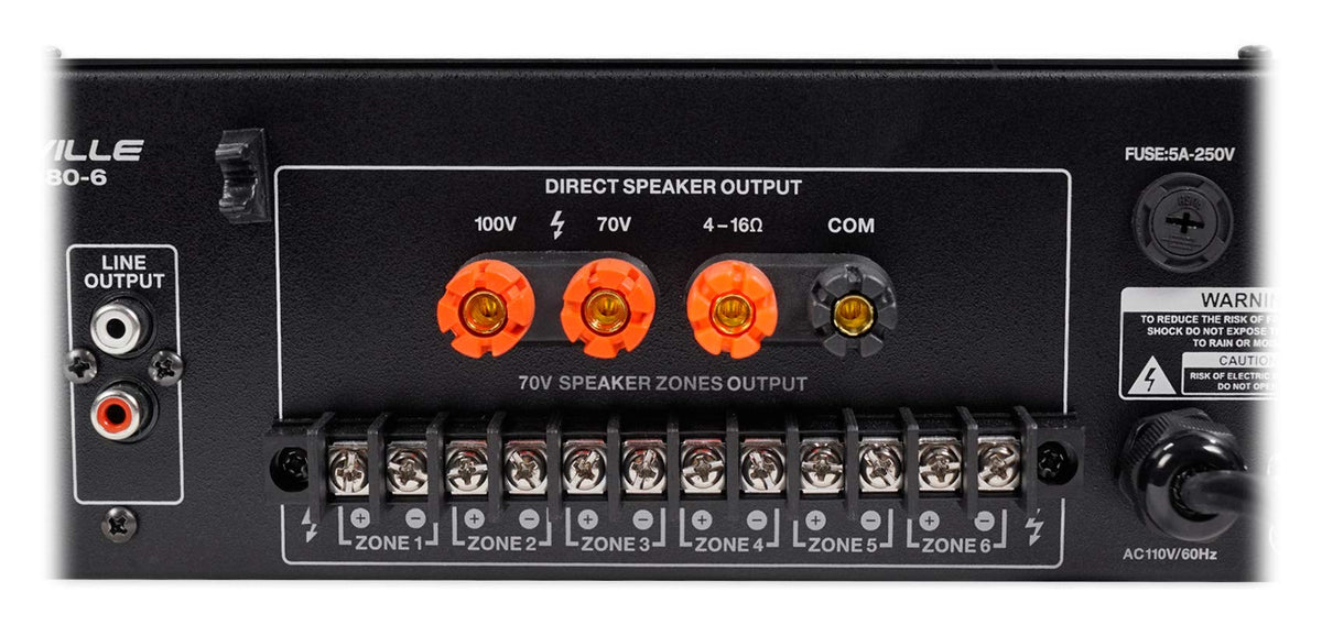 Rockville RCS180-6 180W 6-Zone 70v Commercial Amplifier, Bluetooth, USB/SD/RCA, Mic, Optical Inputs, FM, for Restaurants/Offices